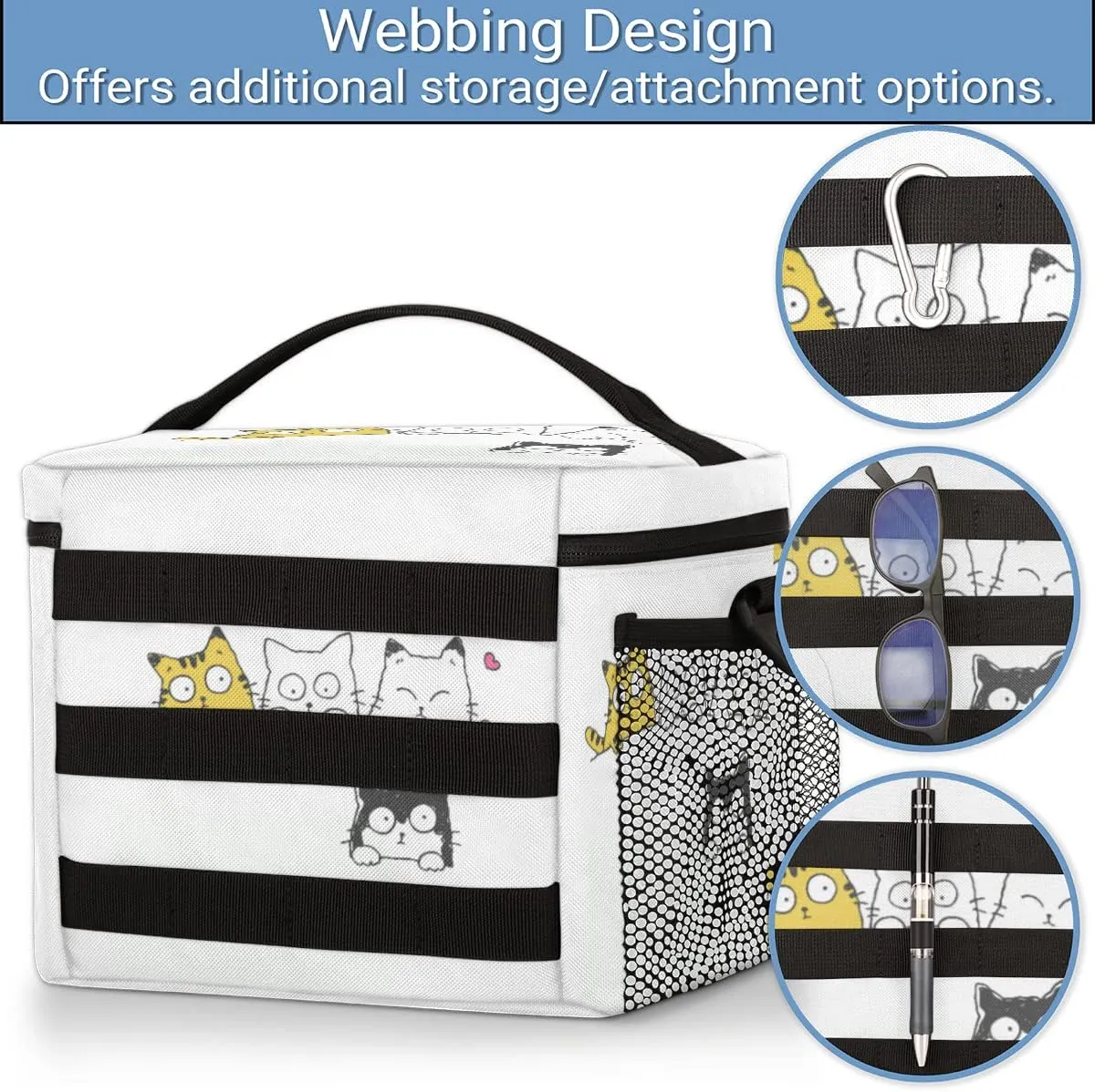 Insulated Lunch Bag Women/Men,With Side Pockets And Shoulder Strap,Love Heart Portable Lunch Box Cooler Bag for Work,Travel,Picnic-Cartoon Cat