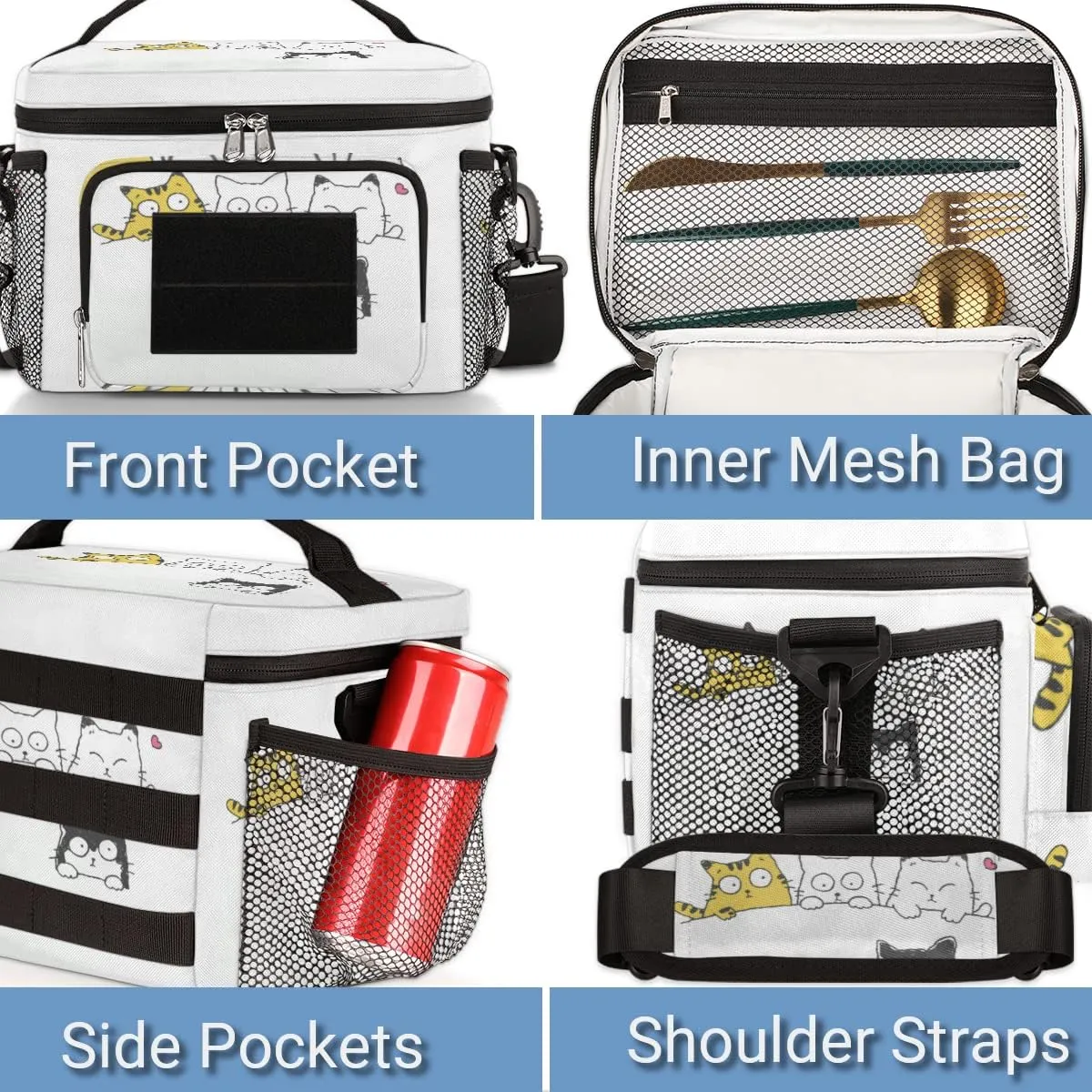 Insulated Lunch Bag Women/Men,With Side Pockets And Shoulder Strap,Love Heart Portable Lunch Box Cooler Bag for Work,Travel,Picnic-Cartoon Cat