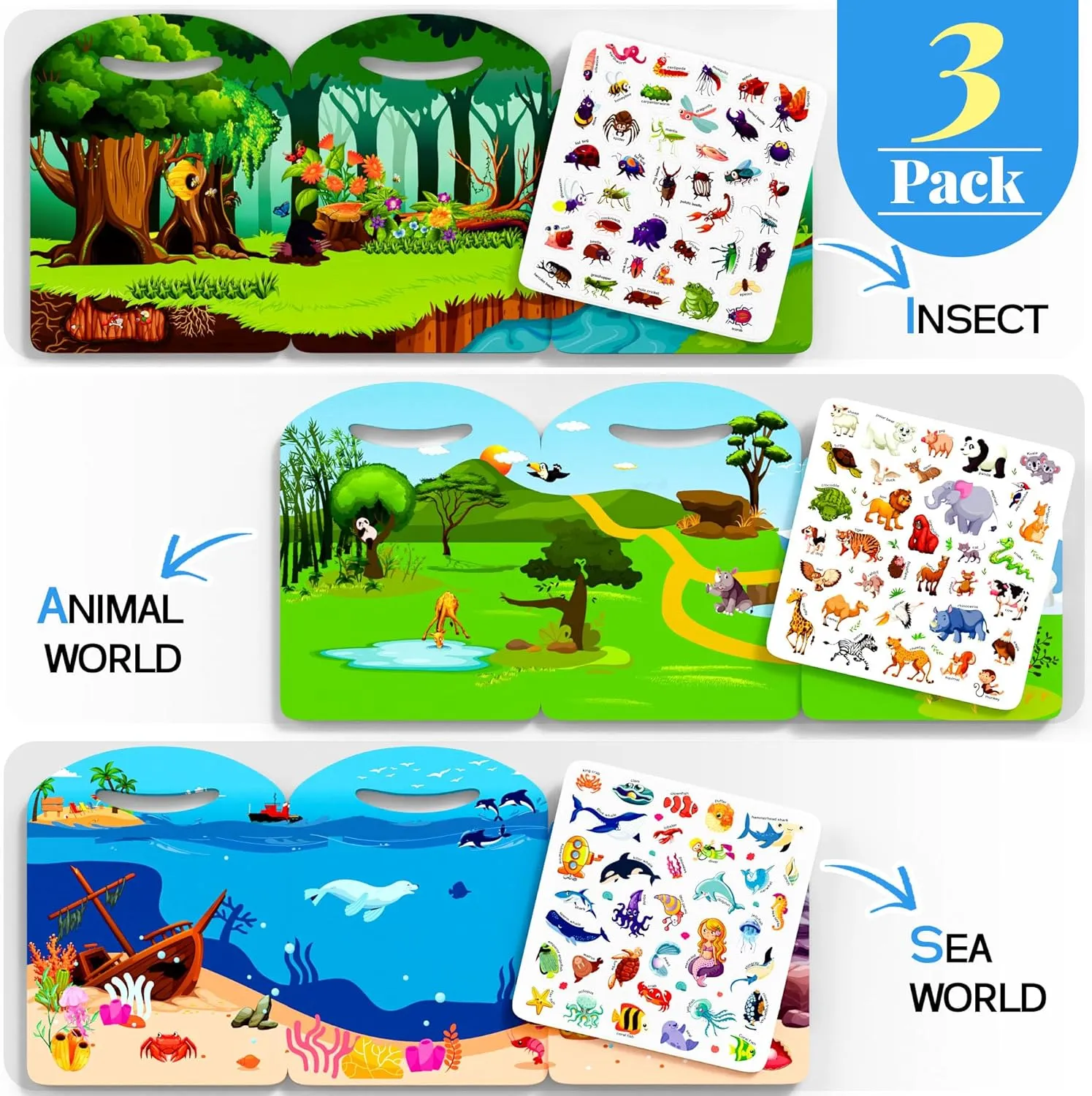 iPlay, iLearn 3PCS Kids Sticker Books, Reusable PuffyStickers Activity Busy Book Set, Toddler Travel Toys, Ocean Animal Bugs Stickers, Birthday Party Gift for 3 4 5 6 7 8 Year Old Boy Girl Preschooler