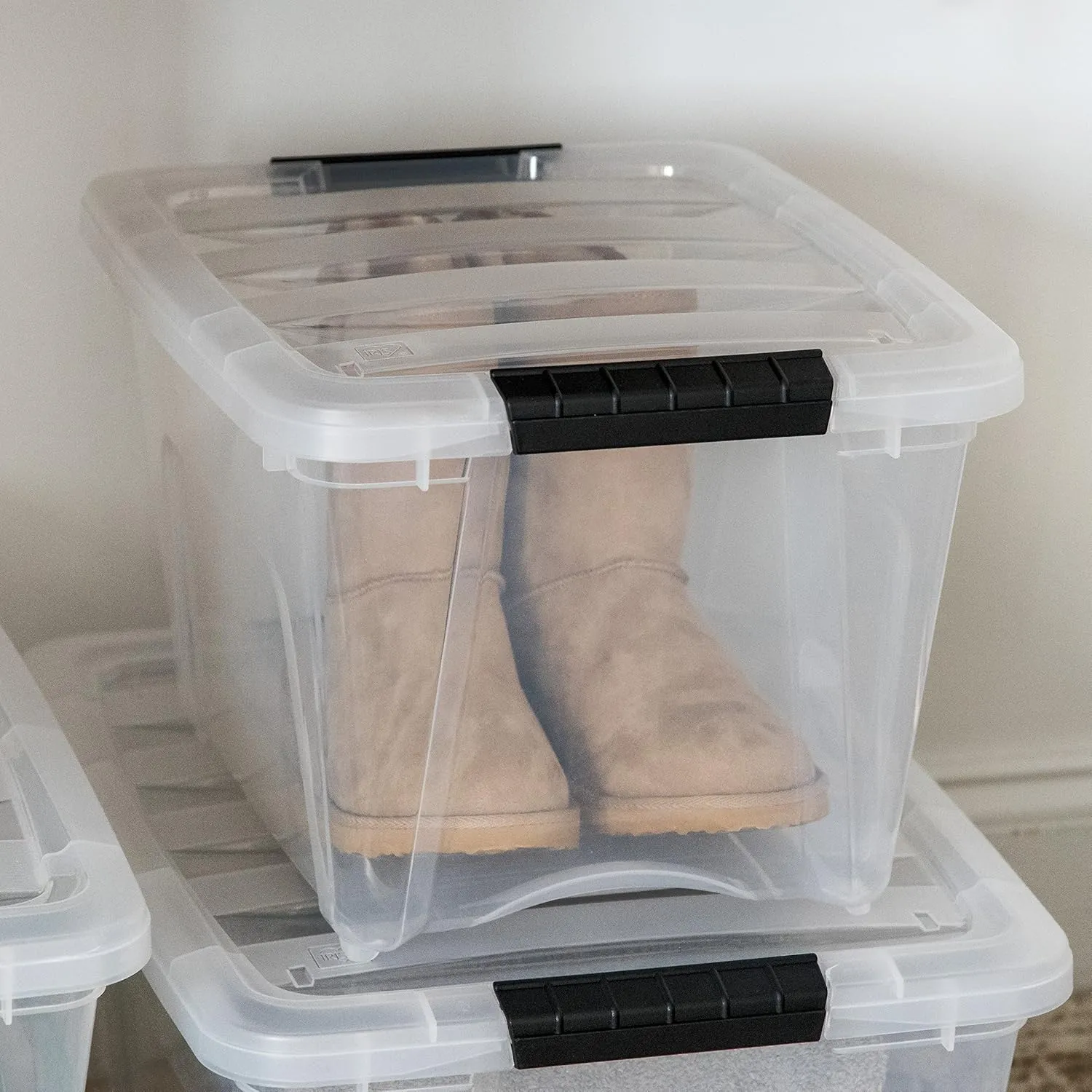 IRIS USA 19 Qt Stackable Plastic Storage Bins with Lids, 6 Pack - BPA-Free, Made in USA - See-Through Organizing Solution, Latches, Durable Nestable Containers, Secure Pull Handle - Clear