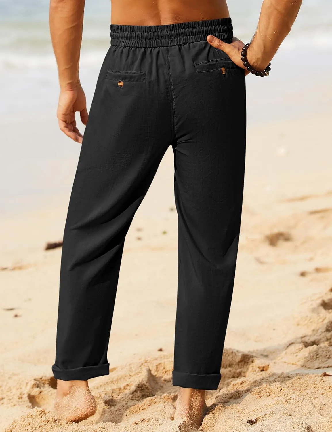 iWoo Linen Pants Men Casual 2025 Summer Beach Elastic Drawstring Waist Yoga Pants Travel Baggy Work Pant Pajama