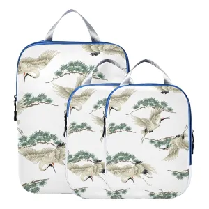 Japanese Crane and Tree Branches with Green Leaves on White 3 Piece set Cubes Expandable Adjustable Luggage Packing Bags, Ultralight Organizer Accessories Travel Suitcase Compressible Bags