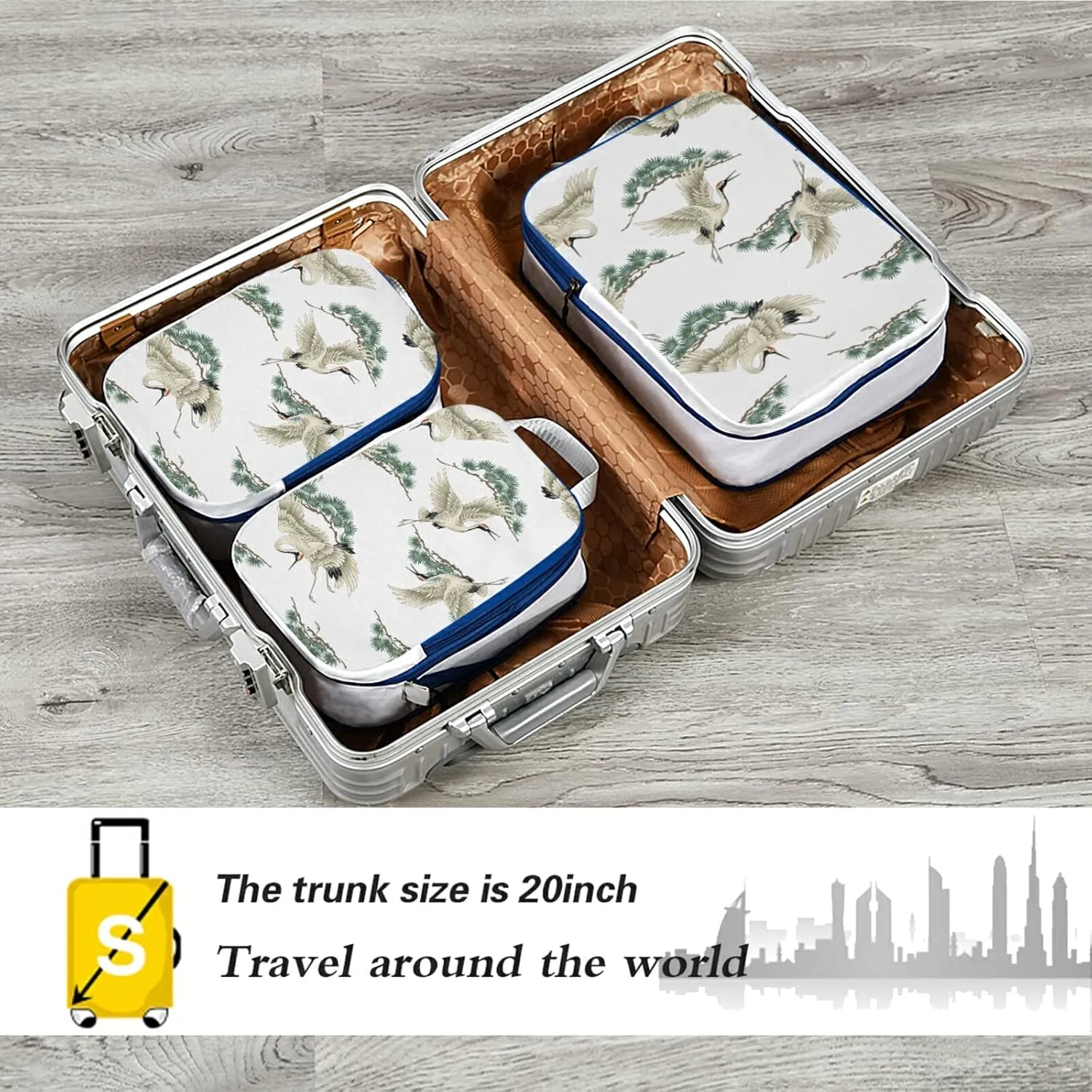 Japanese Crane and Tree Branches with Green Leaves on White 3 Piece set Cubes Expandable Adjustable Luggage Packing Bags, Ultralight Organizer Accessories Travel Suitcase Compressible Bags