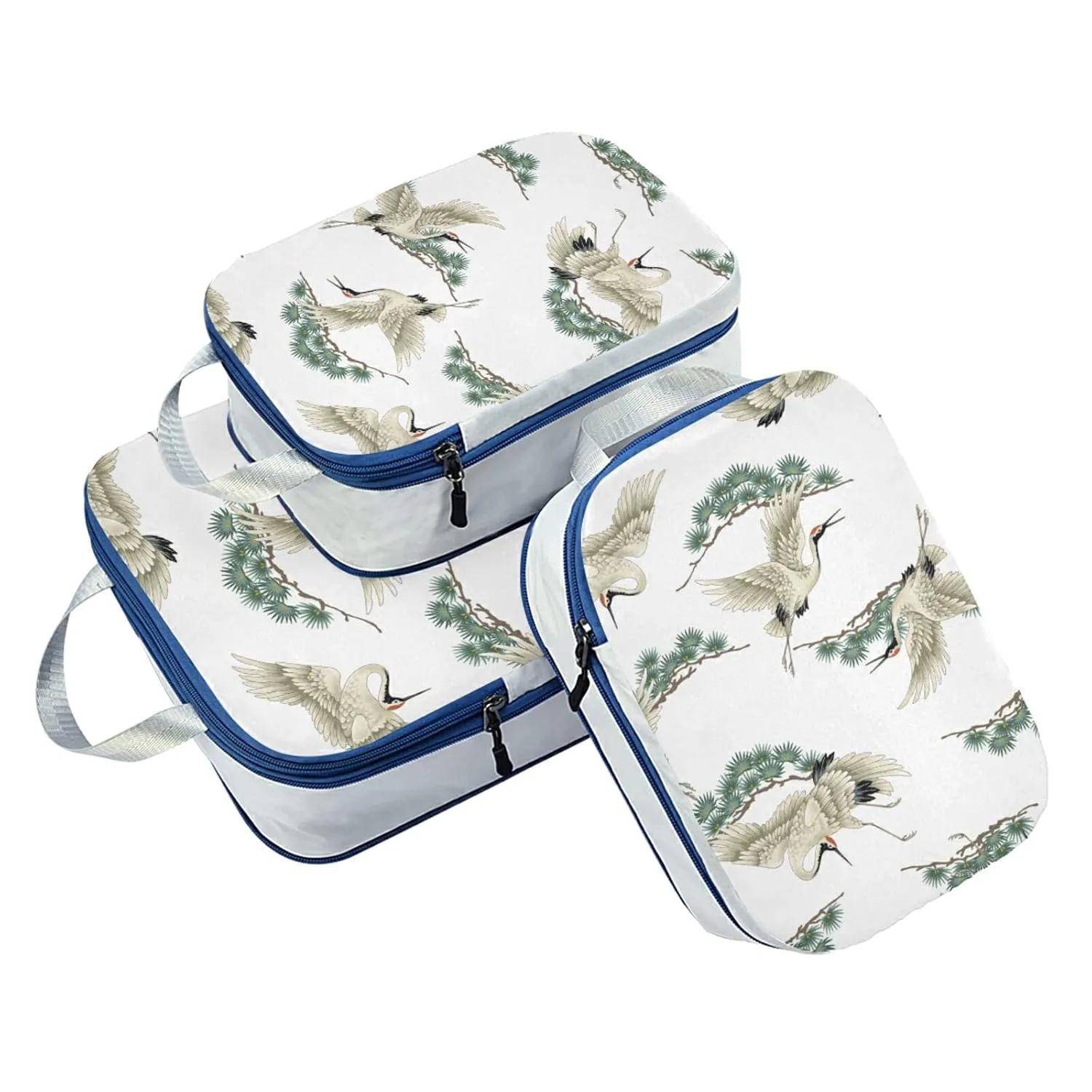 Japanese Crane and Tree Branches with Green Leaves on White 3 Piece set Cubes Expandable Adjustable Luggage Packing Bags, Ultralight Organizer Accessories Travel Suitcase Compressible Bags