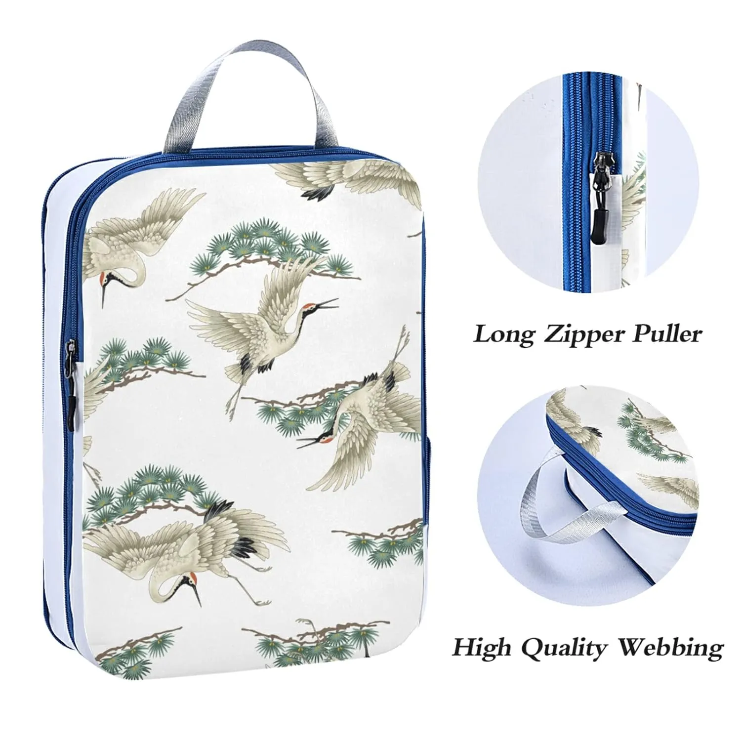 Japanese Crane and Tree Branches with Green Leaves on White 3 Piece set Cubes Expandable Adjustable Luggage Packing Bags, Ultralight Organizer Accessories Travel Suitcase Compressible Bags