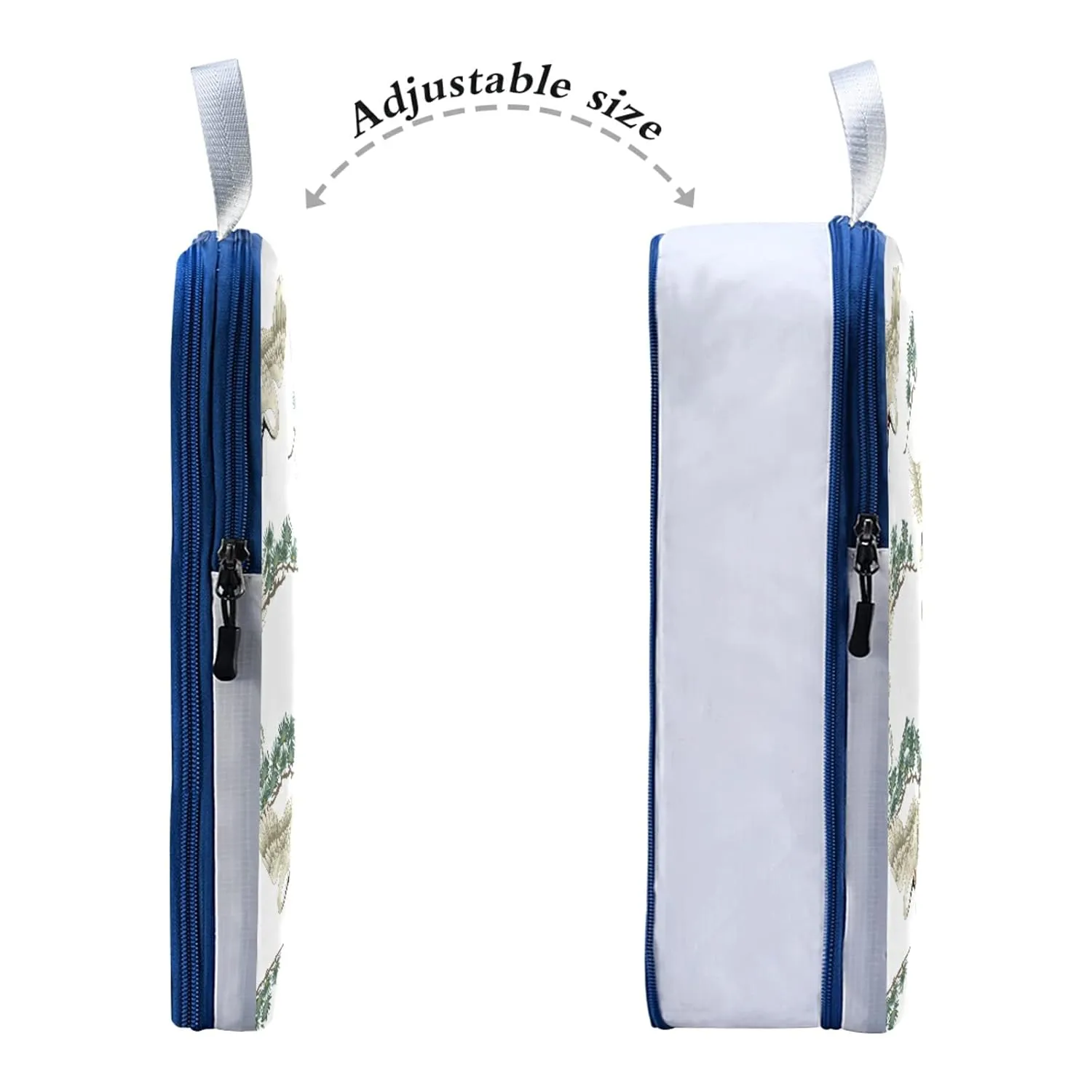 Japanese Crane and Tree Branches with Green Leaves on White 3 Piece set Cubes Expandable Adjustable Luggage Packing Bags, Ultralight Organizer Accessories Travel Suitcase Compressible Bags