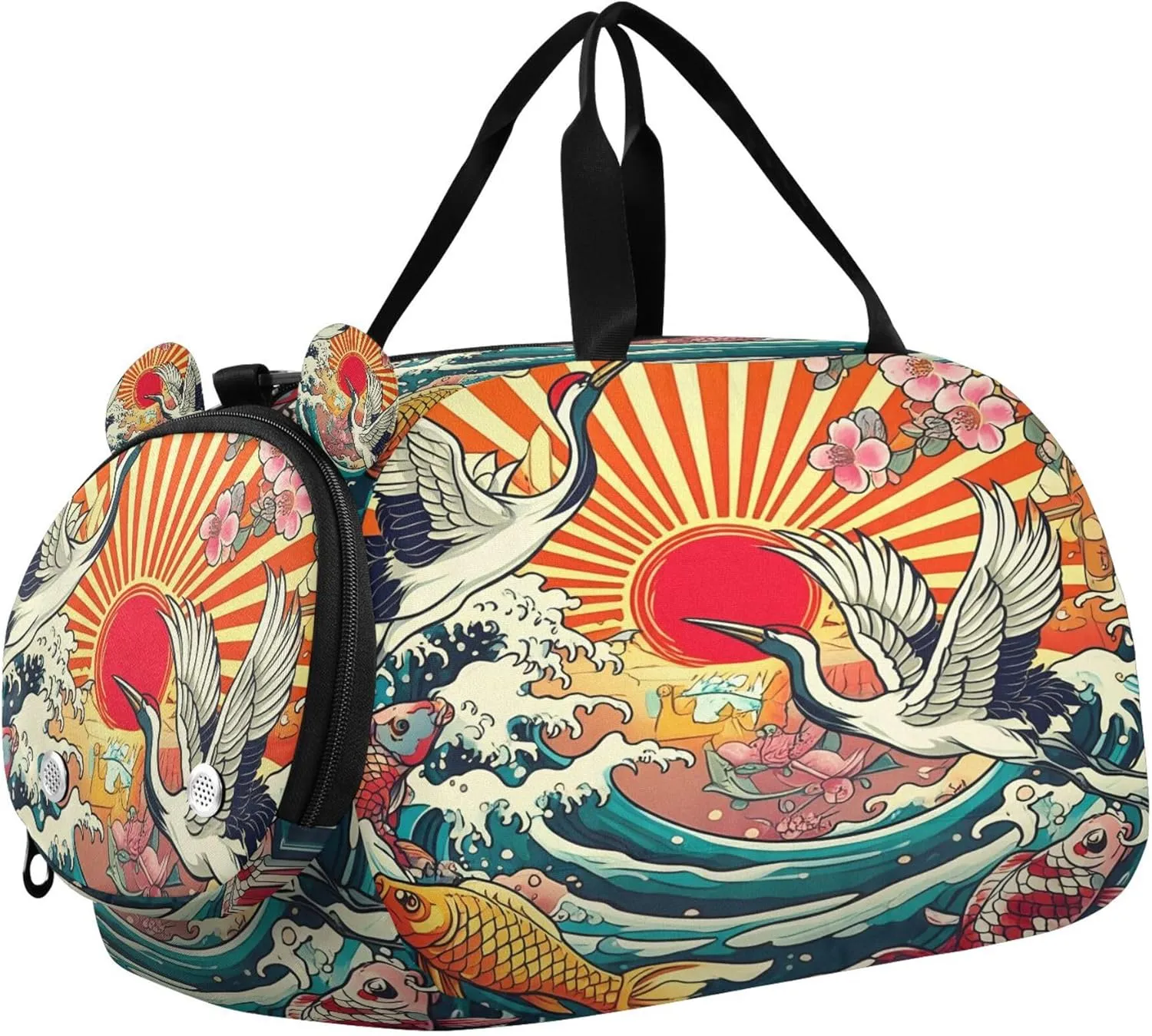 Japanese Traditional Cranes Kids Overnight Sports Duffel Bags with Shoe Compartment & Wet Pocket Travel Sport Gym Bag for Girls Boys