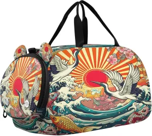 Japanese Traditional Cranes Kids Overnight Sports Duffel Bags with Shoe Compartment & Wet Pocket Travel Sport Gym Bag for Girls Boys