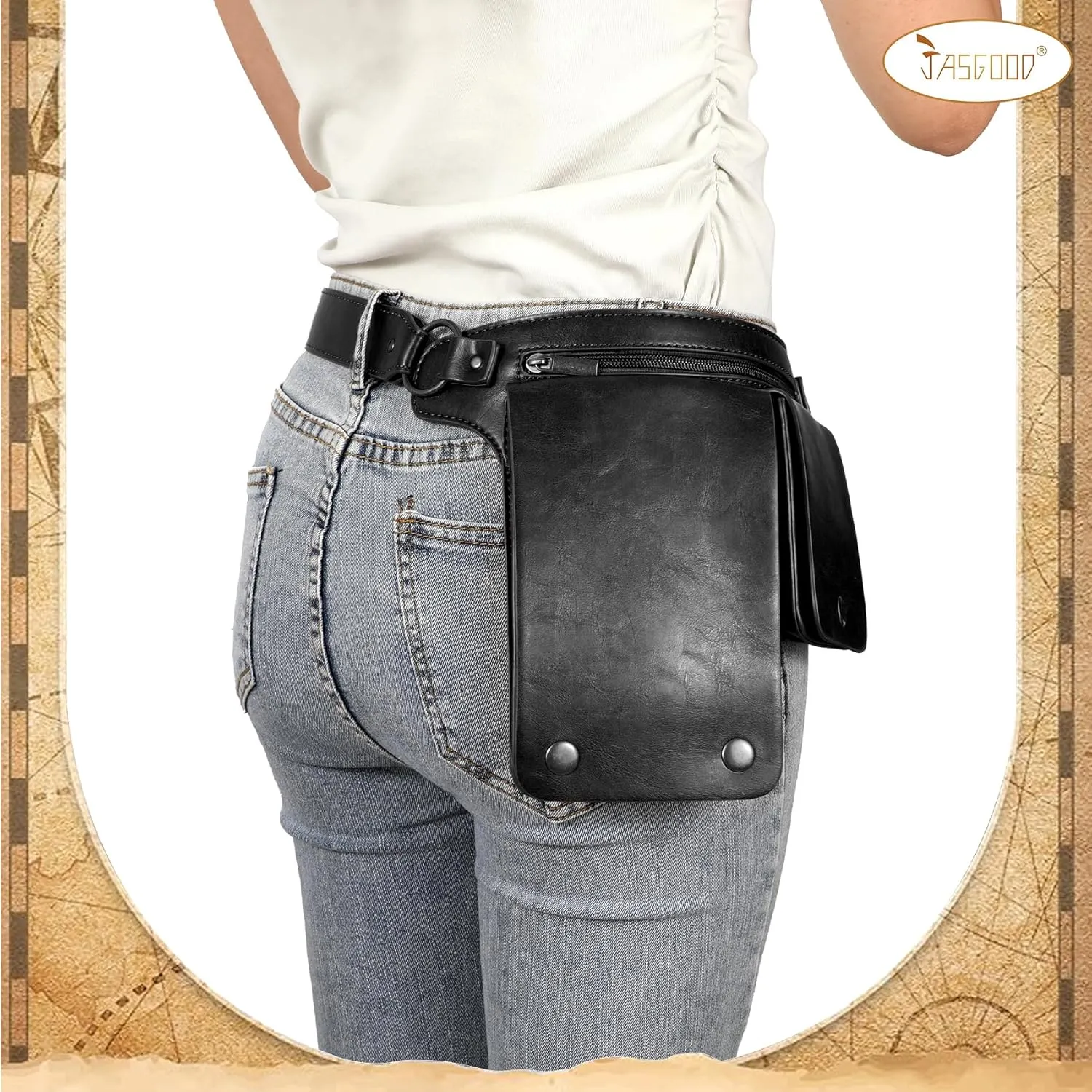 JASGOOD Waist Bag Leather Fanny Pack for Women Vintage Renaissance Belt Festival Pouch Faux Leather Hip Bag for Travel Hiking