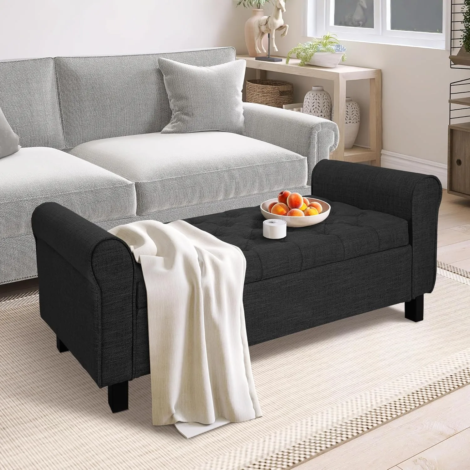 Jerry & Maggie Storage Ottoman Bench, 51 Inches, Velvet Upholstered with Arms, Dark Grey (Linen, Black)