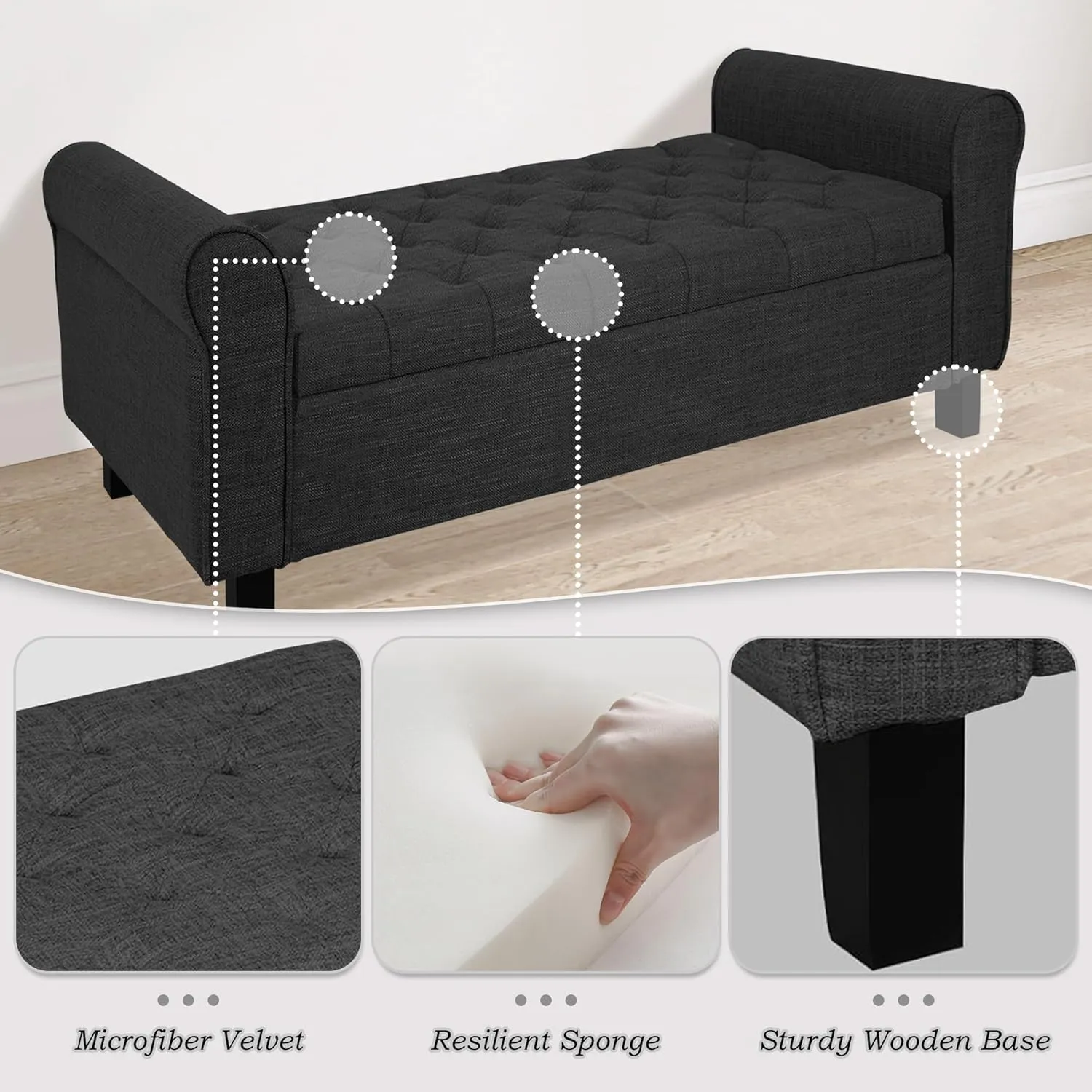 Jerry & Maggie Storage Ottoman Bench, 51 Inches, Velvet Upholstered with Arms, Dark Grey (Linen, Black)