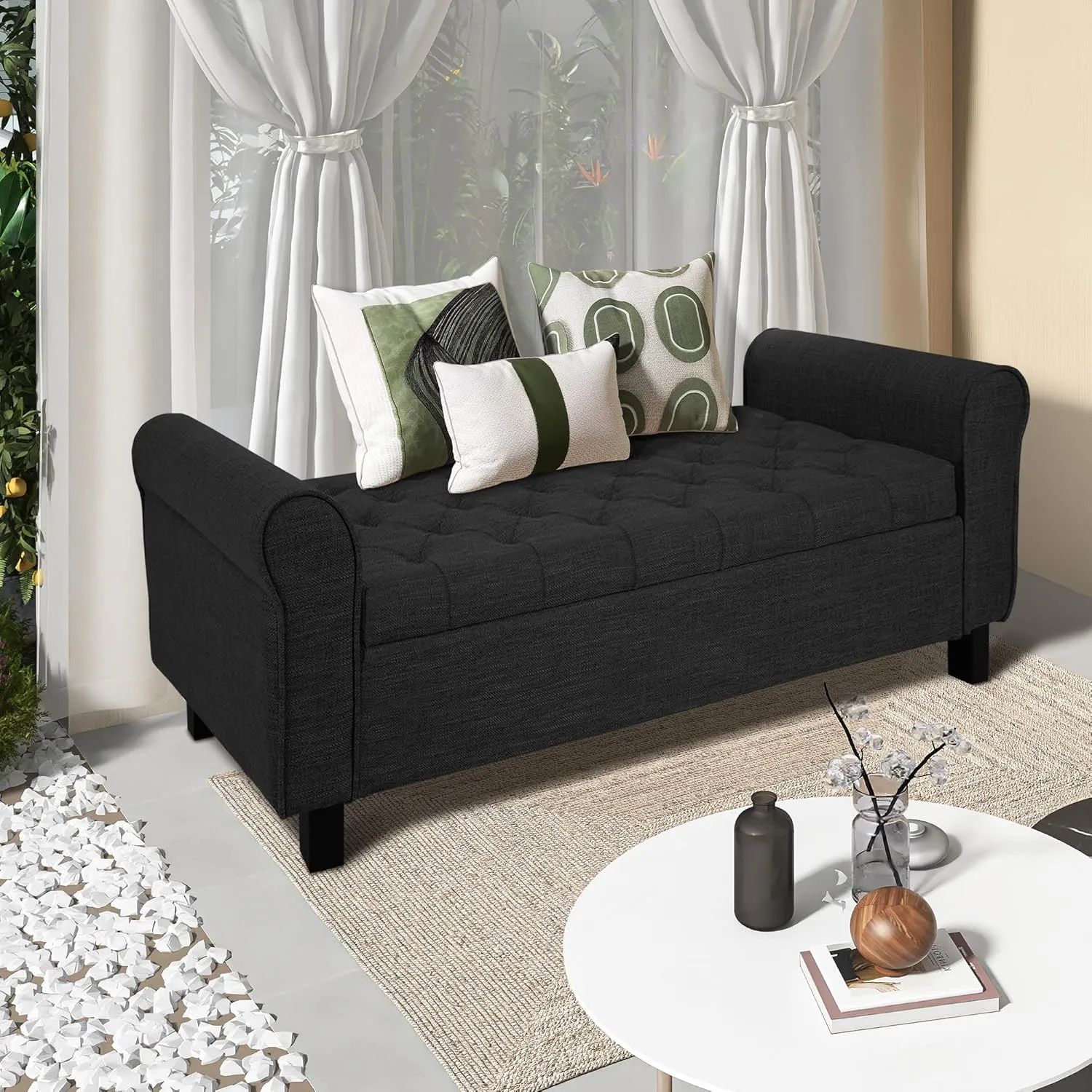 Jerry & Maggie Storage Ottoman Bench, 51 Inches, Velvet Upholstered with Arms, Dark Grey (Linen, Black)