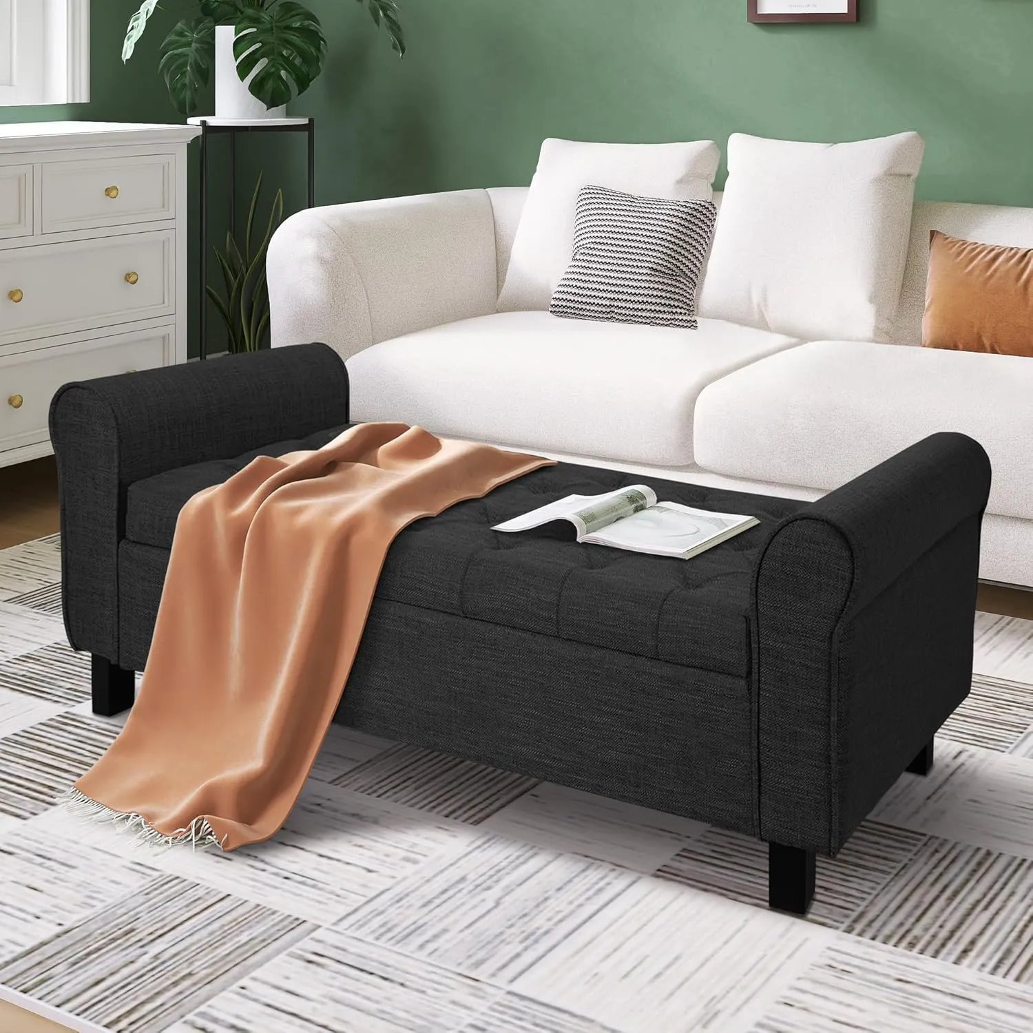 Jerry & Maggie Storage Ottoman Bench, 51 Inches, Velvet Upholstered with Arms, Dark Grey (Linen, Black)