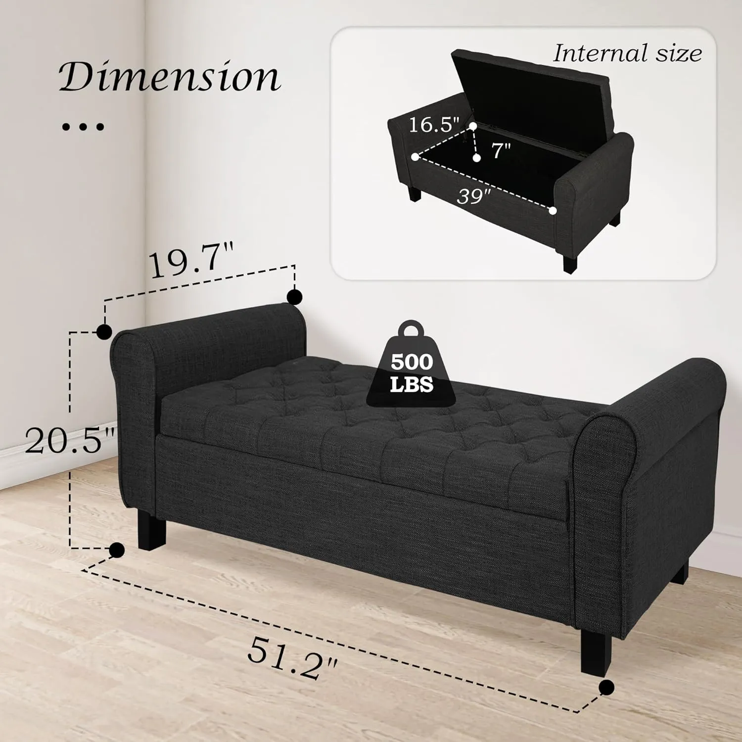Jerry & Maggie Storage Ottoman Bench, 51 Inches, Velvet Upholstered with Arms, Dark Grey (Linen, Black)