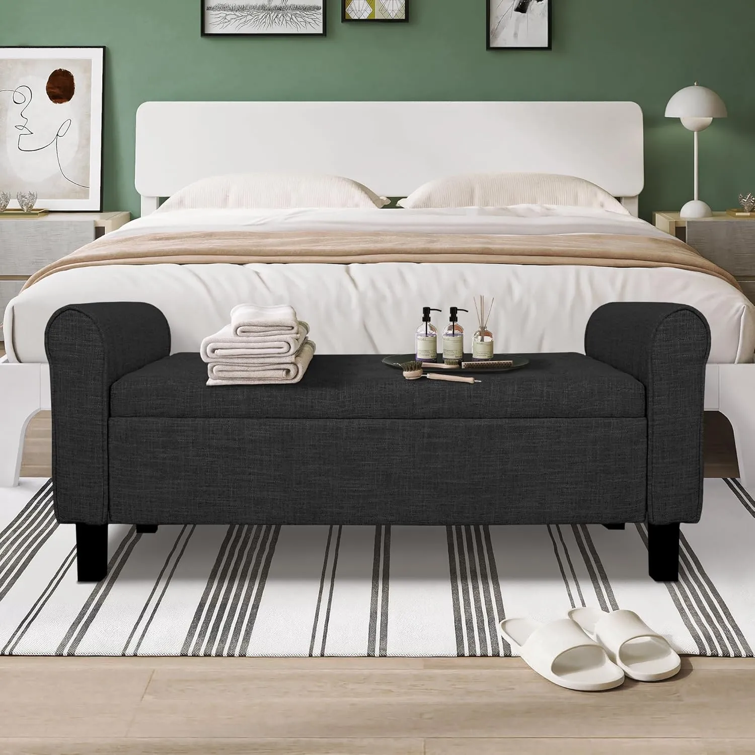Jerry & Maggie Storage Ottoman Bench, 51 Inches, Velvet Upholstered with Arms, Dark Grey (Linen, Black)