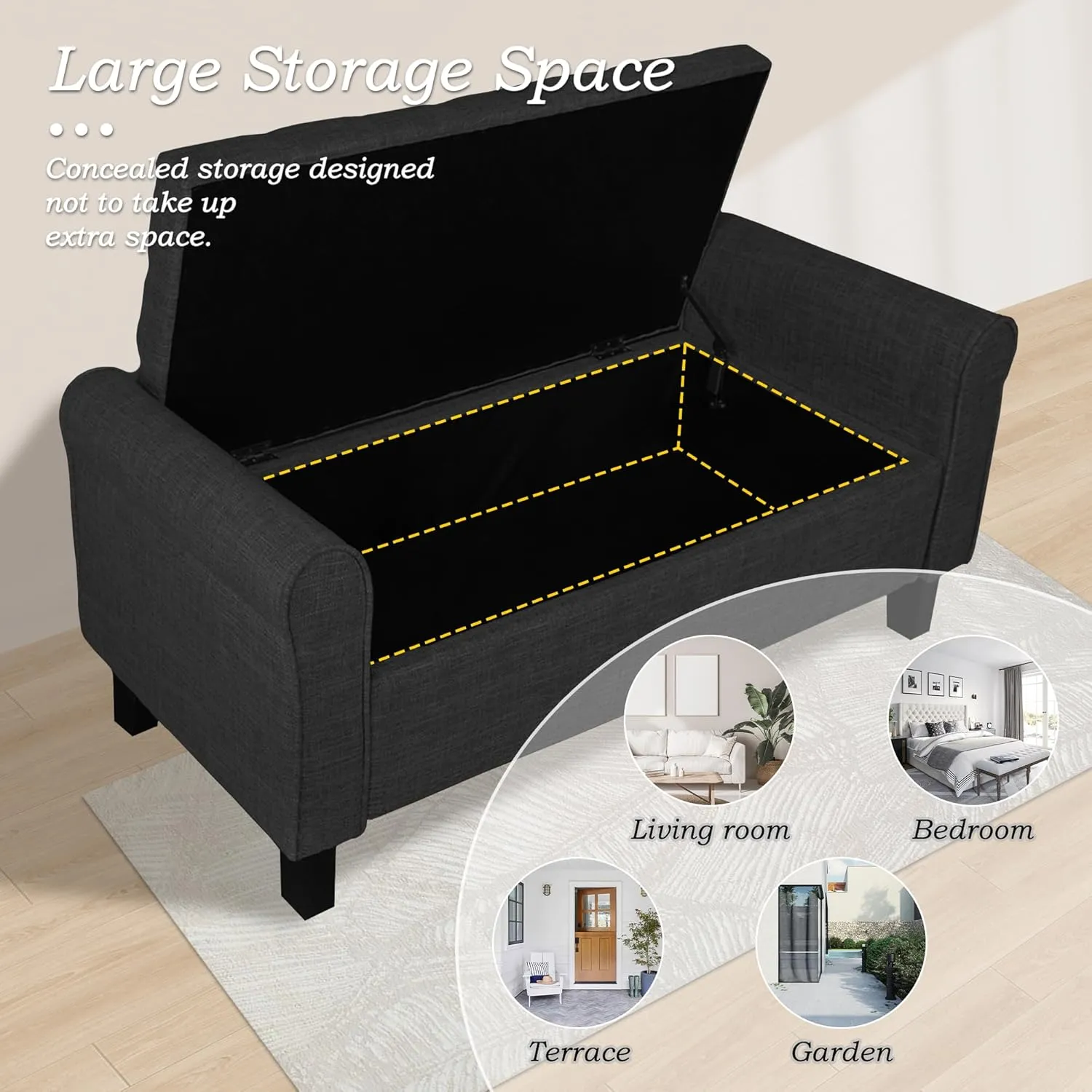 Jerry & Maggie Storage Ottoman Bench, 51 Inches, Velvet Upholstered with Arms, Dark Grey (Linen, Black)