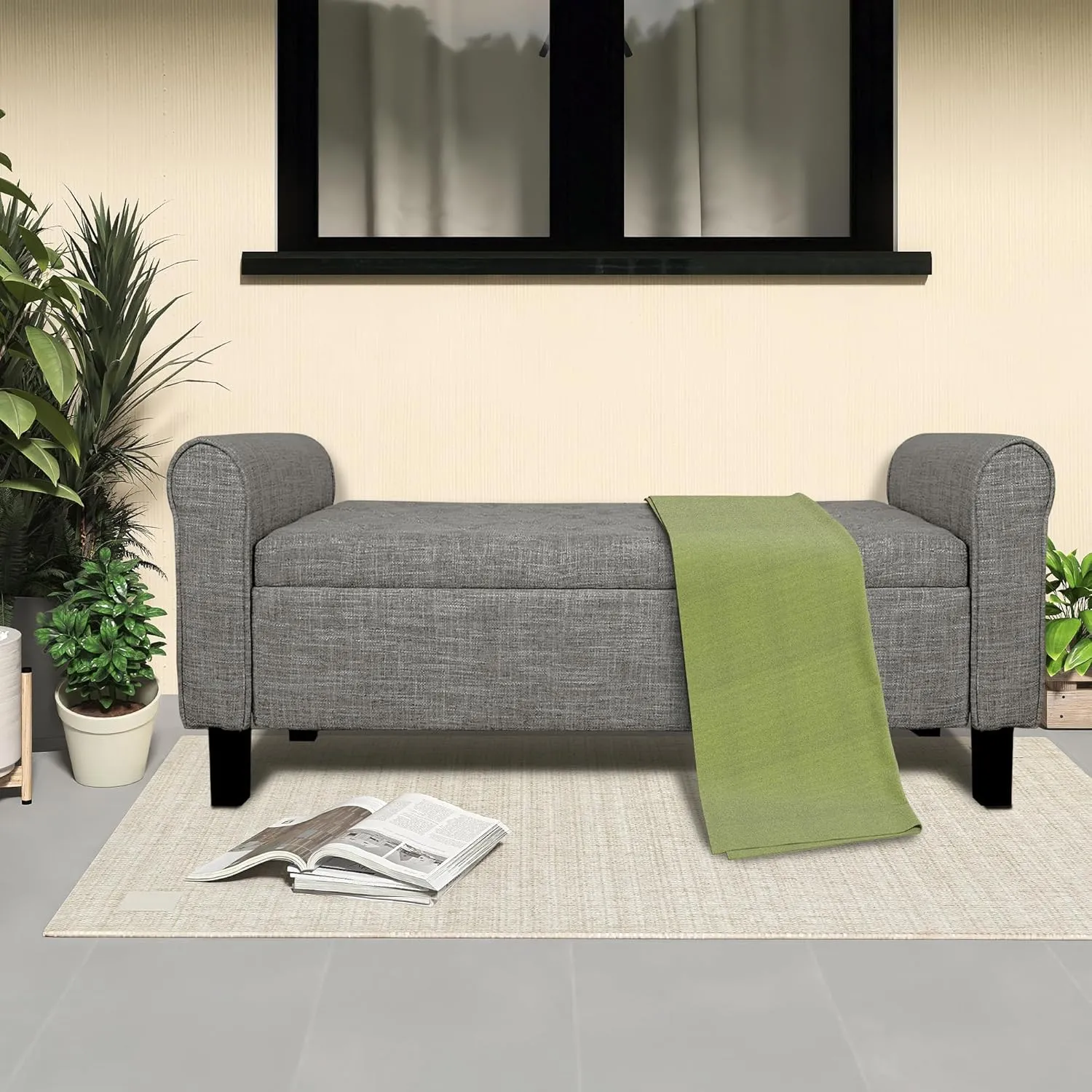 Jerry & Maggie Storage Ottoman Bench, 51 Inches, Velvet Upholstered with Arms, Dark Grey (Linen, Dark Grey)