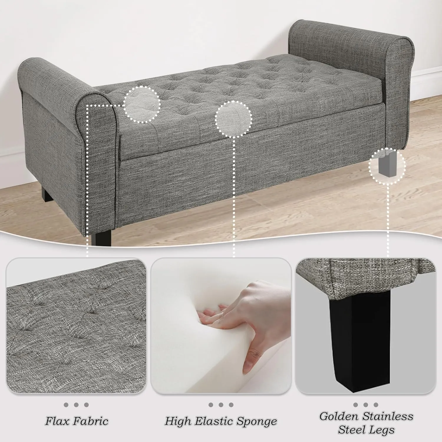 Jerry & Maggie Storage Ottoman Bench, 51 Inches, Velvet Upholstered with Arms, Dark Grey (Linen, Dark Grey)