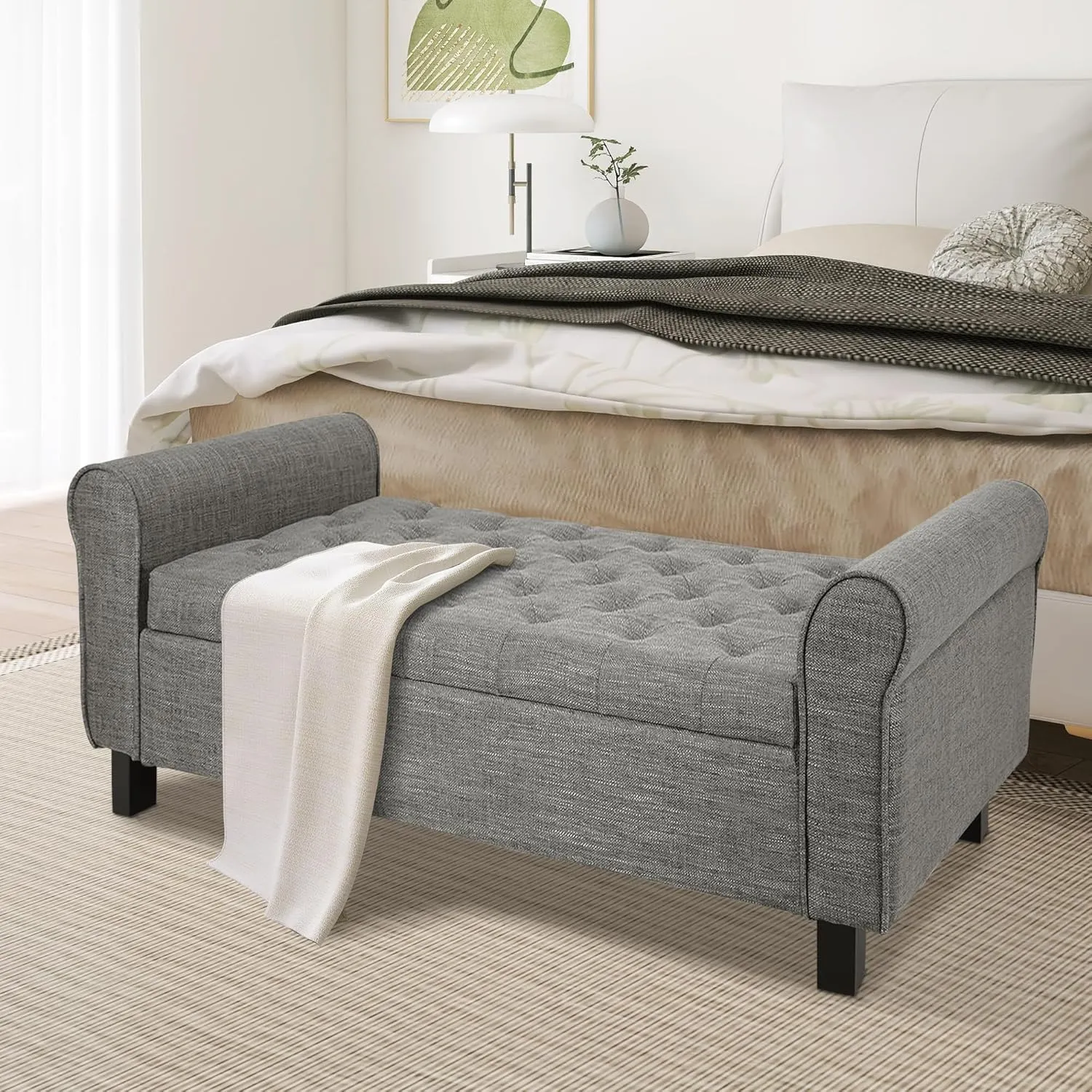 Jerry & Maggie Storage Ottoman Bench, 51 Inches, Velvet Upholstered with Arms, Dark Grey (Linen, Dark Grey)