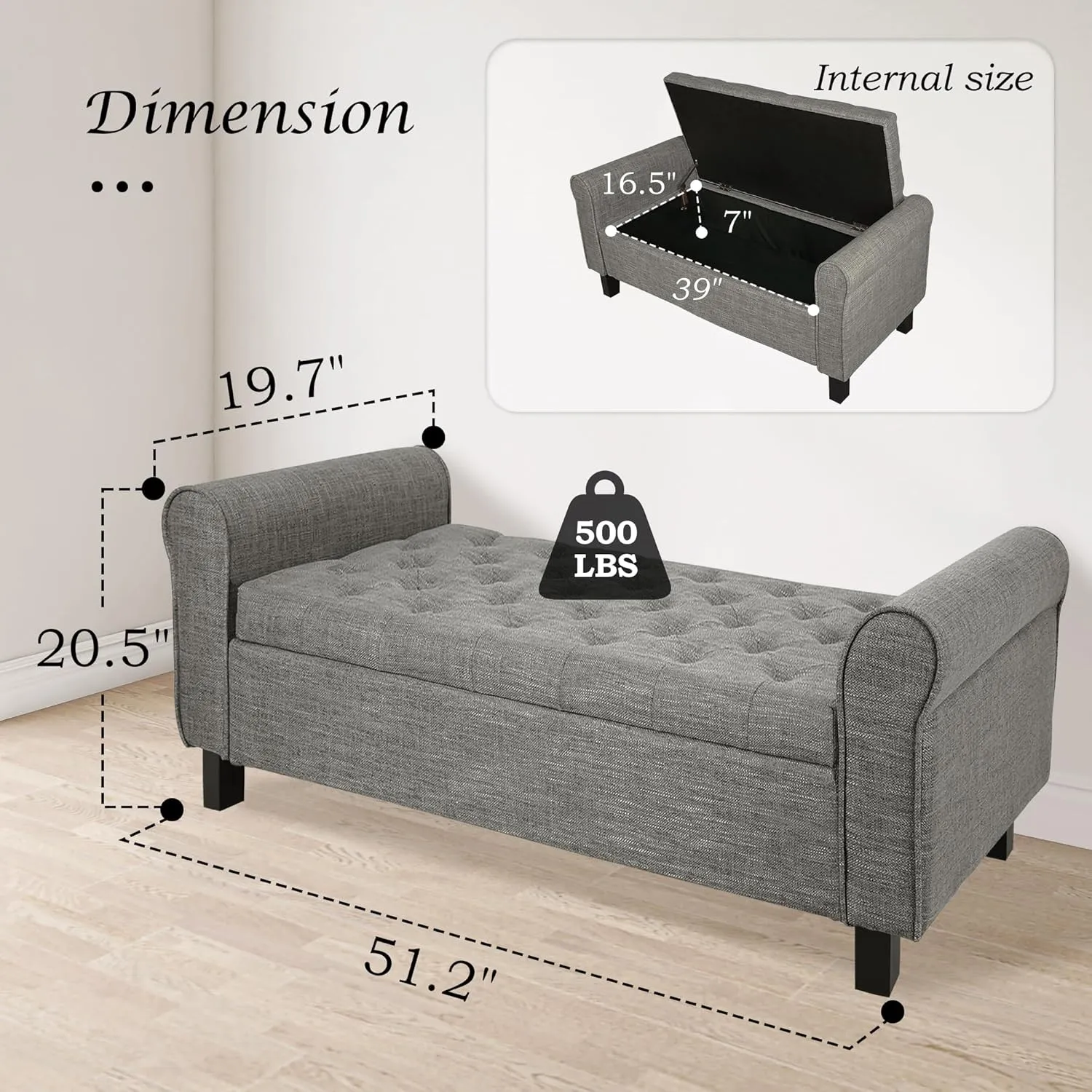 Jerry & Maggie Storage Ottoman Bench, 51 Inches, Velvet Upholstered with Arms, Dark Grey (Linen, Dark Grey)