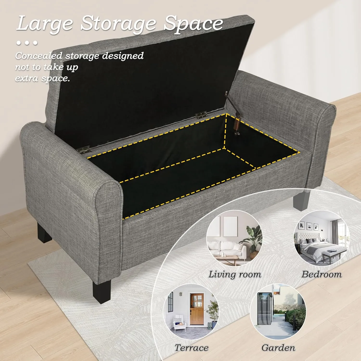 Jerry & Maggie Storage Ottoman Bench, 51 Inches, Velvet Upholstered with Arms, Dark Grey (Linen, Dark Grey)