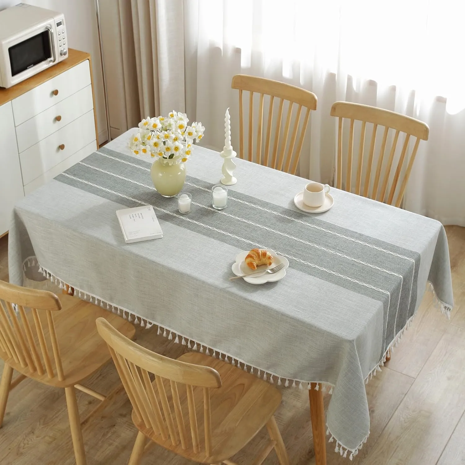 JIALE Tablecloths for Rectangle Tables,Cotton Linen Table Cloth Waterproof Tablecloth Wrinkle Free Farmhouse Dining Table Cover,Soft Fabric Table Cloths with Tassels,Grey,55" X 70",4-6 Seats