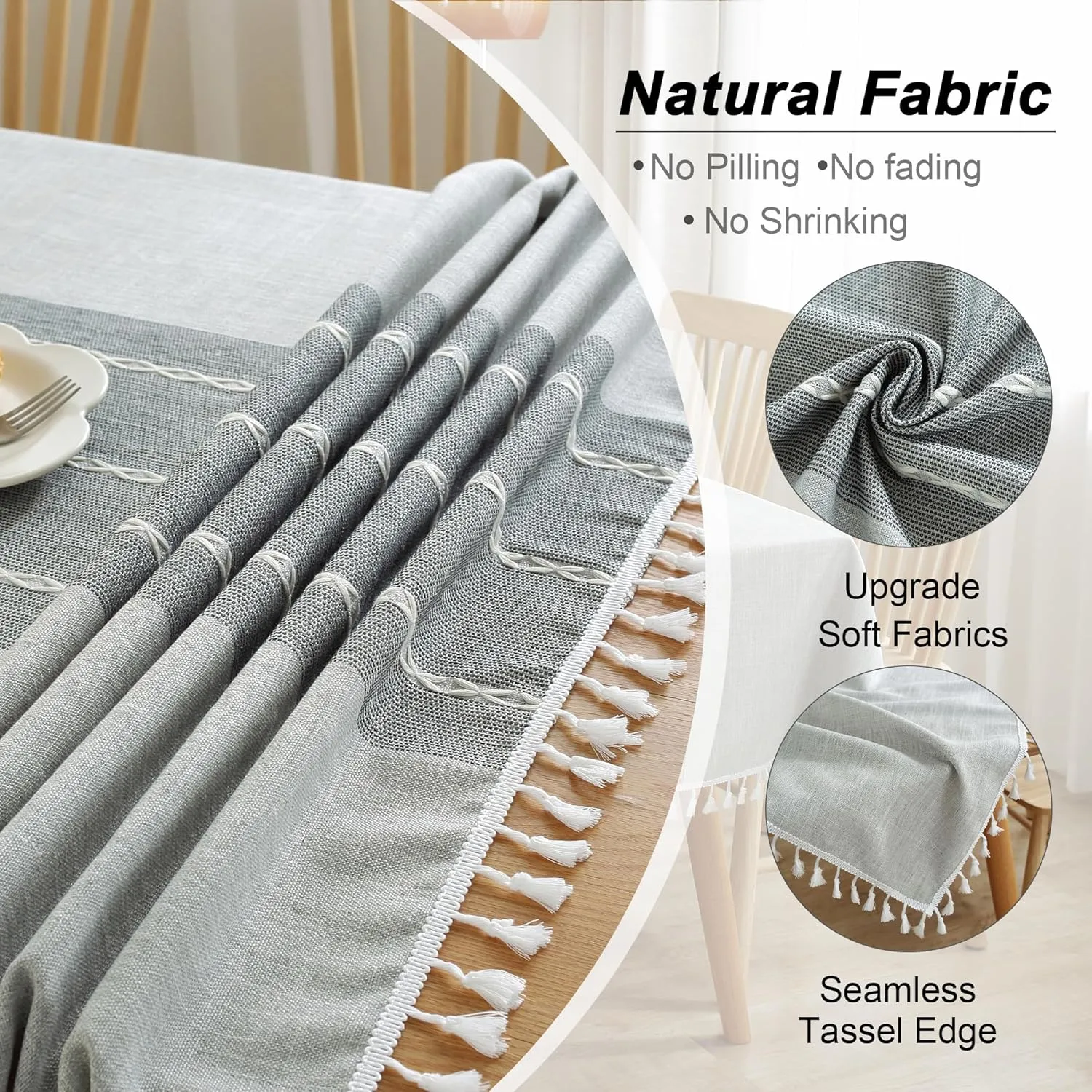 JIALE Tablecloths for Rectangle Tables,Cotton Linen Table Cloth Waterproof Tablecloth Wrinkle Free Farmhouse Dining Table Cover,Soft Fabric Table Cloths with Tassels,Grey,55" X 70",4-6 Seats