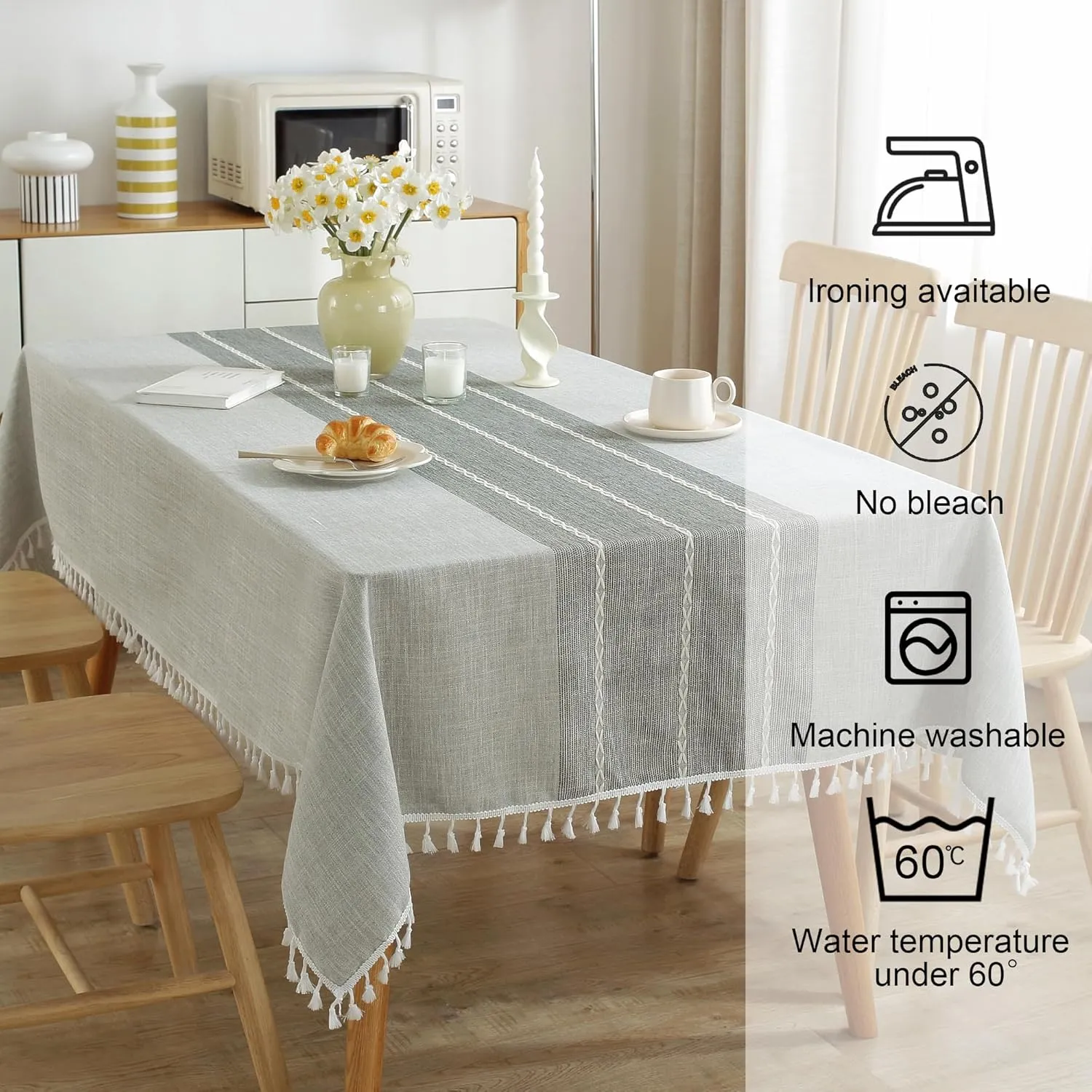 JIALE Tablecloths for Rectangle Tables,Cotton Linen Table Cloth Waterproof Tablecloth Wrinkle Free Farmhouse Dining Table Cover,Soft Fabric Table Cloths with Tassels,Grey,55" X 70",4-6 Seats