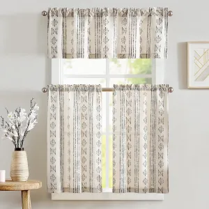 jinchan Boho Stripe Kitchen Curtains and Valance Set Linen Tier Curtains Bohemian Small Window Drapes 36 Inch for Cafe Living Room Bathroom Window Treatments Rod Pocket 3 Pieces Set Black on Beige