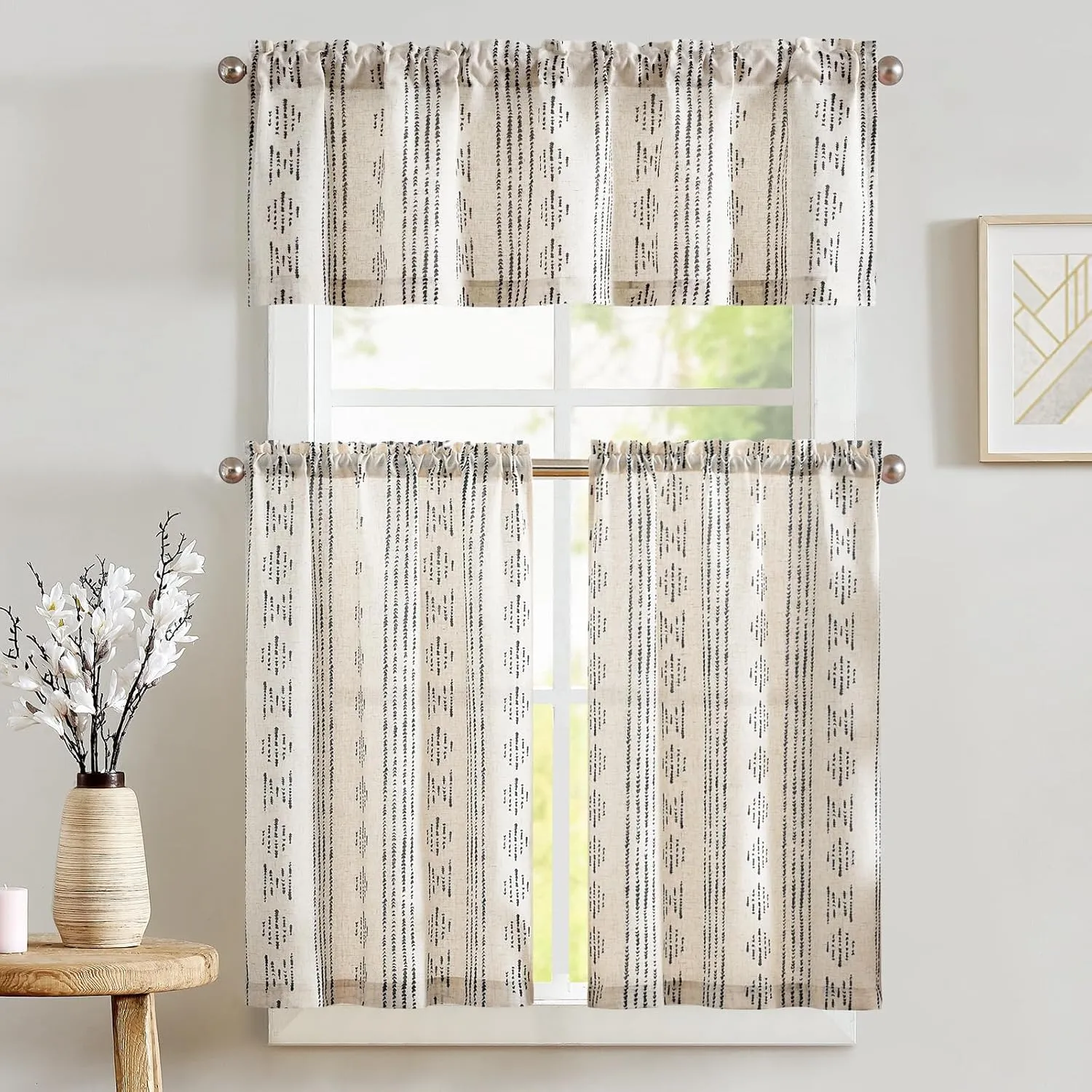 jinchan Boho Stripe Kitchen Curtains and Valance Set Linen Tier Curtains Bohemian Small Window Drapes 36 Inch for Cafe Living Room Bathroom Window Treatments Rod Pocket 3 Pieces Set Black on Beige
