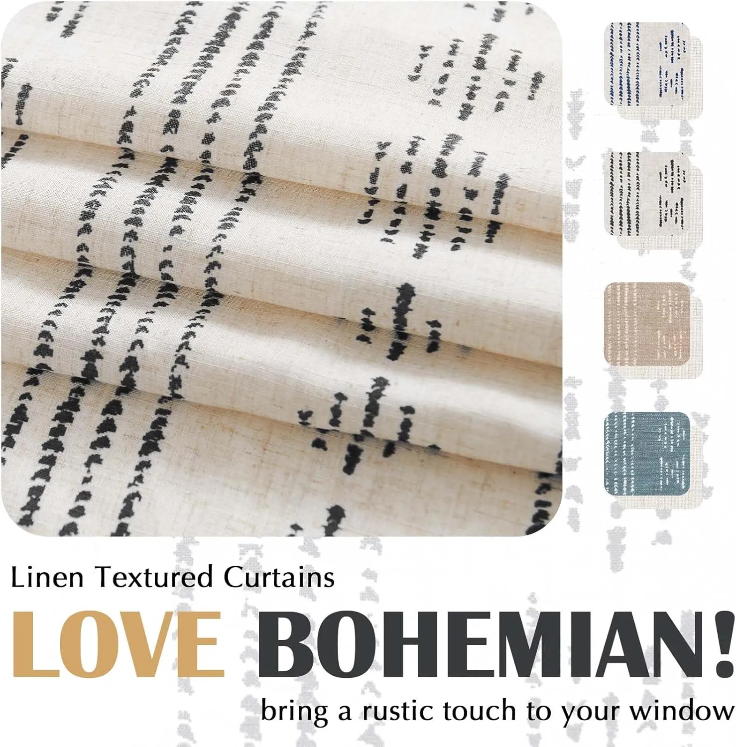 jinchan Boho Stripe Kitchen Curtains and Valance Set Linen Tier Curtains Bohemian Small Window Drapes 36 Inch for Cafe Living Room Bathroom Window Treatments Rod Pocket 3 Pieces Set Black on Beige