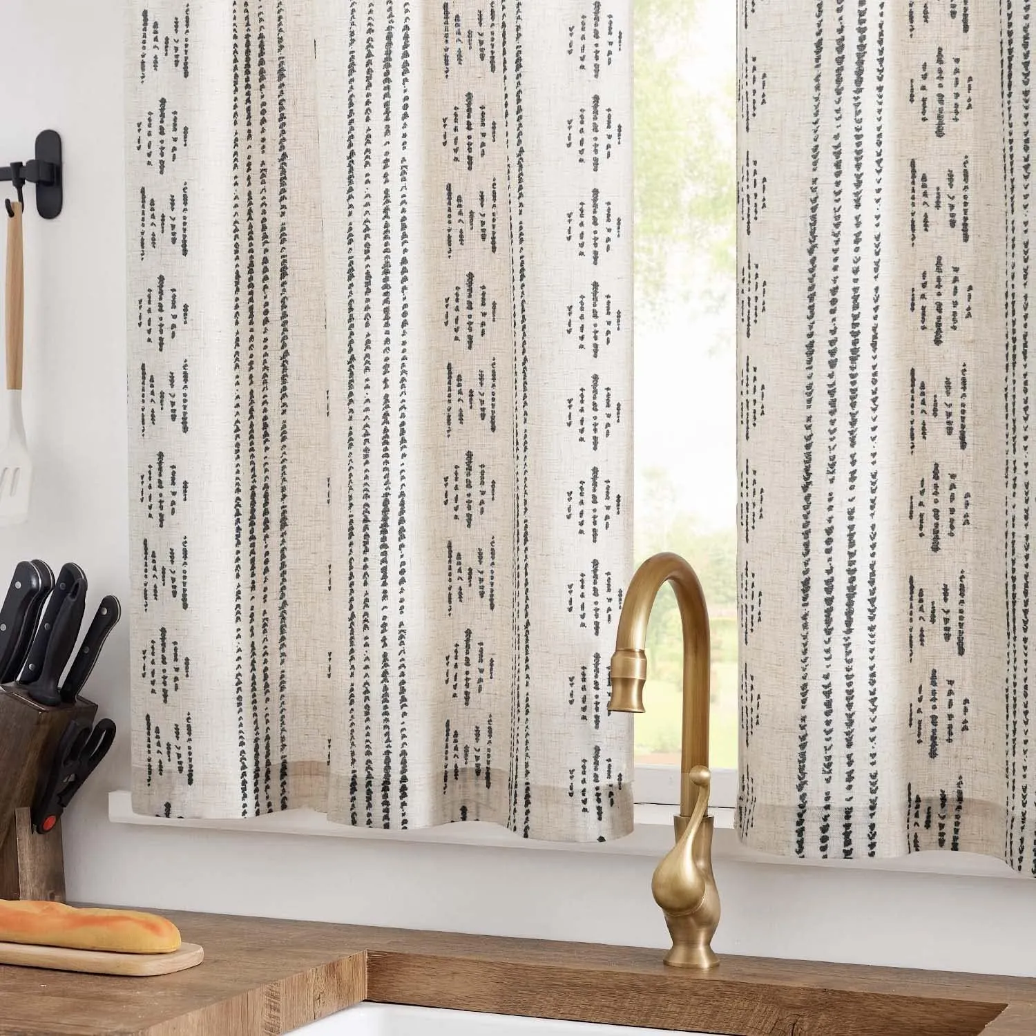 jinchan Boho Stripe Kitchen Curtains and Valance Set Linen Tier Curtains Bohemian Small Window Drapes 36 Inch for Cafe Living Room Bathroom Window Treatments Rod Pocket 3 Pieces Set Black on Beige