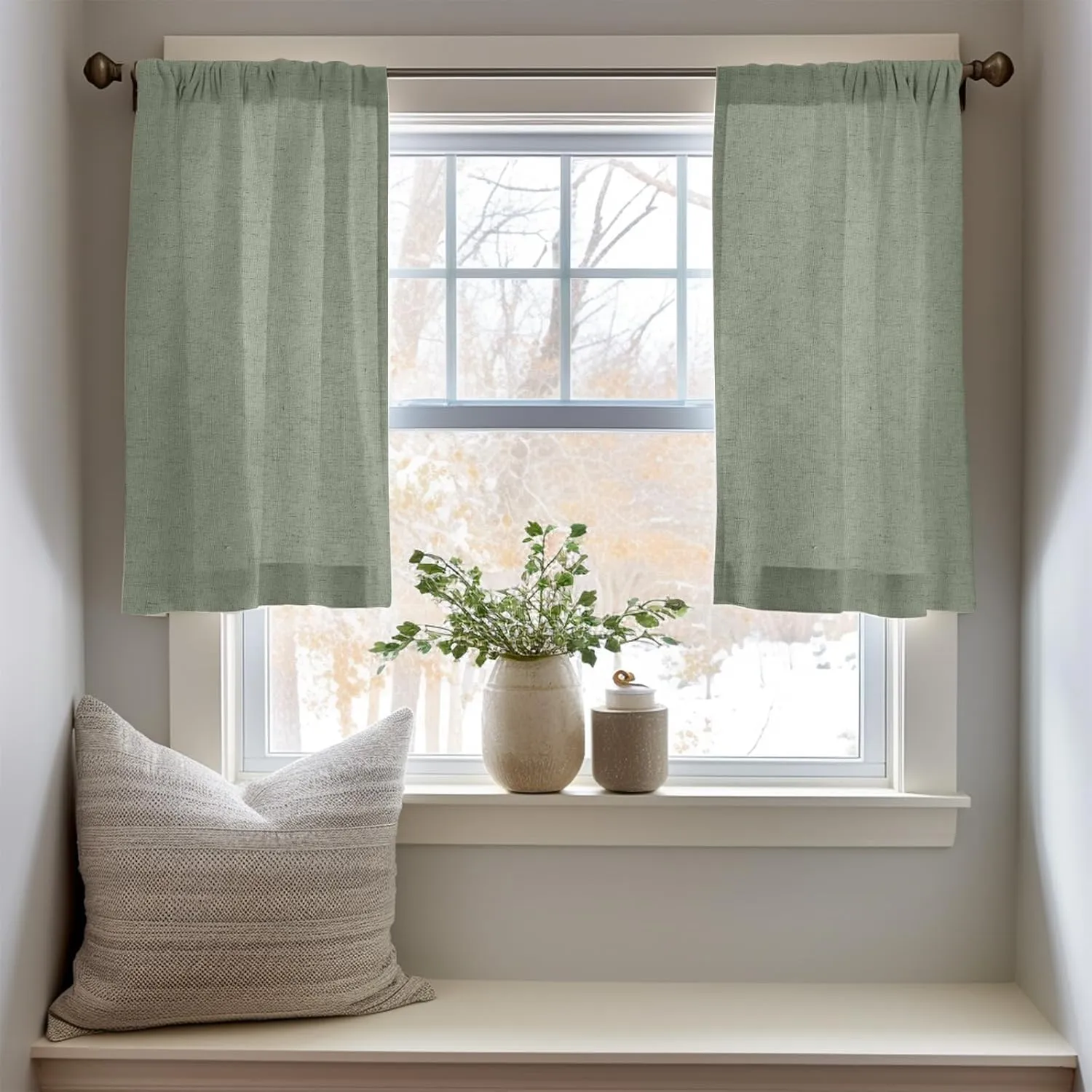 jinchan Linen Textured Tier Curtains 24 Inch for Kitchen Windows Farmhouse Cafe Curtains Small Drapes Rustic Light Filtering Half Window for Living Room Laundry Rod Pocket 2 Panels Green