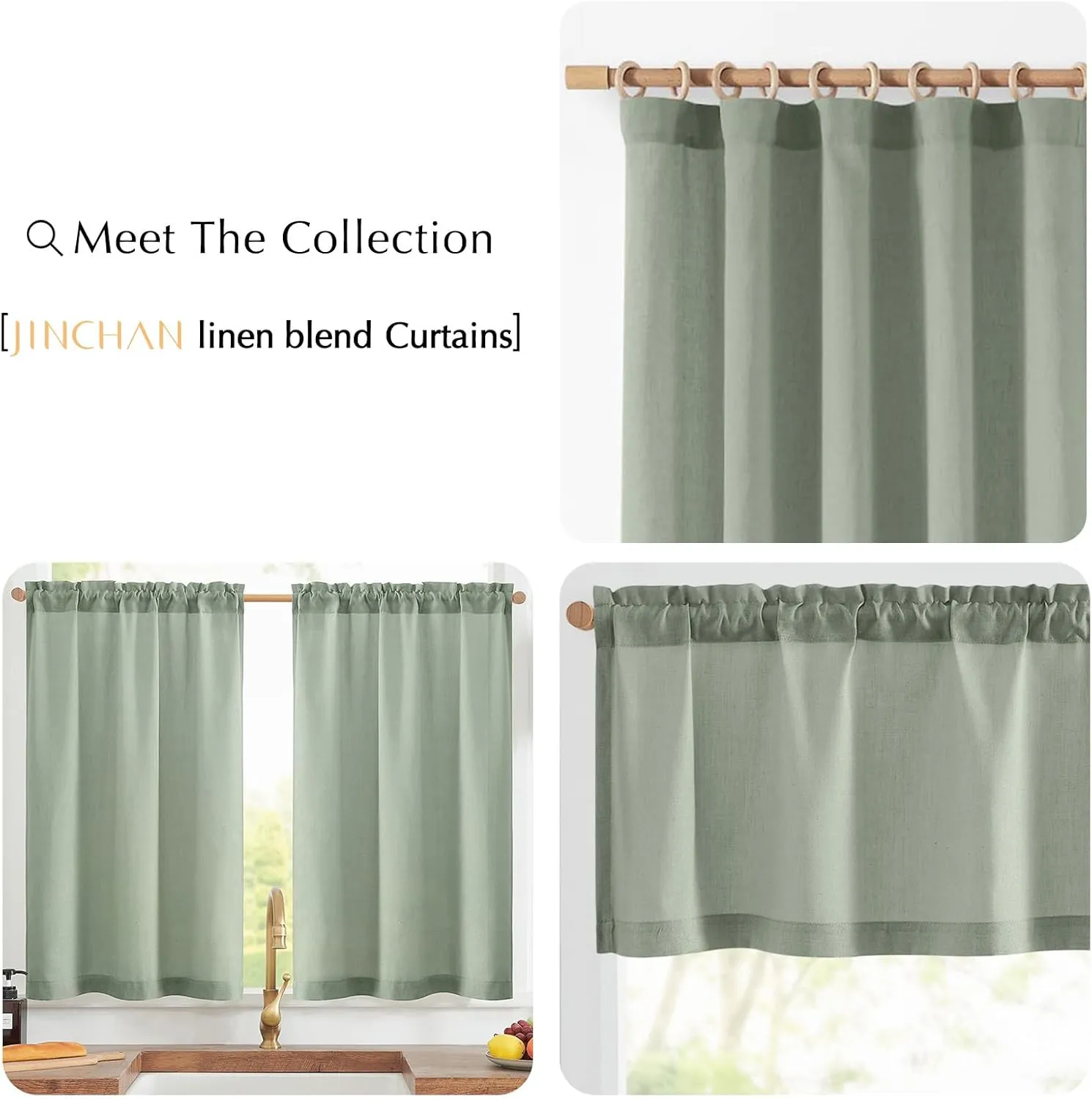 jinchan Linen Textured Tier Curtains 24 Inch for Kitchen Windows Farmhouse Cafe Curtains Small Drapes Rustic Light Filtering Half Window for Living Room Laundry Rod Pocket 2 Panels Green