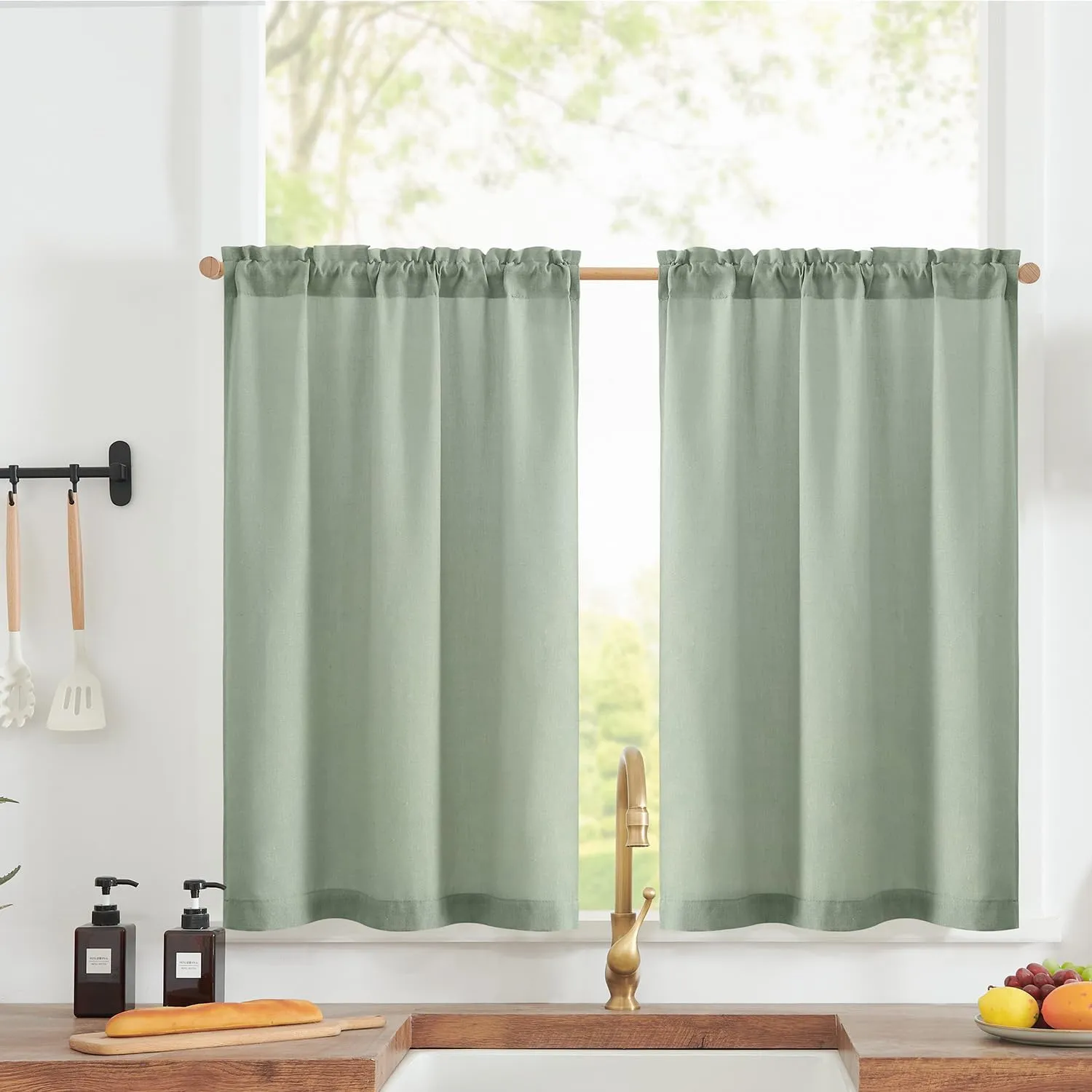 jinchan Linen Textured Tier Curtains 24 Inch for Kitchen Windows Farmhouse Cafe Curtains Small Drapes Rustic Light Filtering Half Window for Living Room Laundry Rod Pocket 2 Panels Green