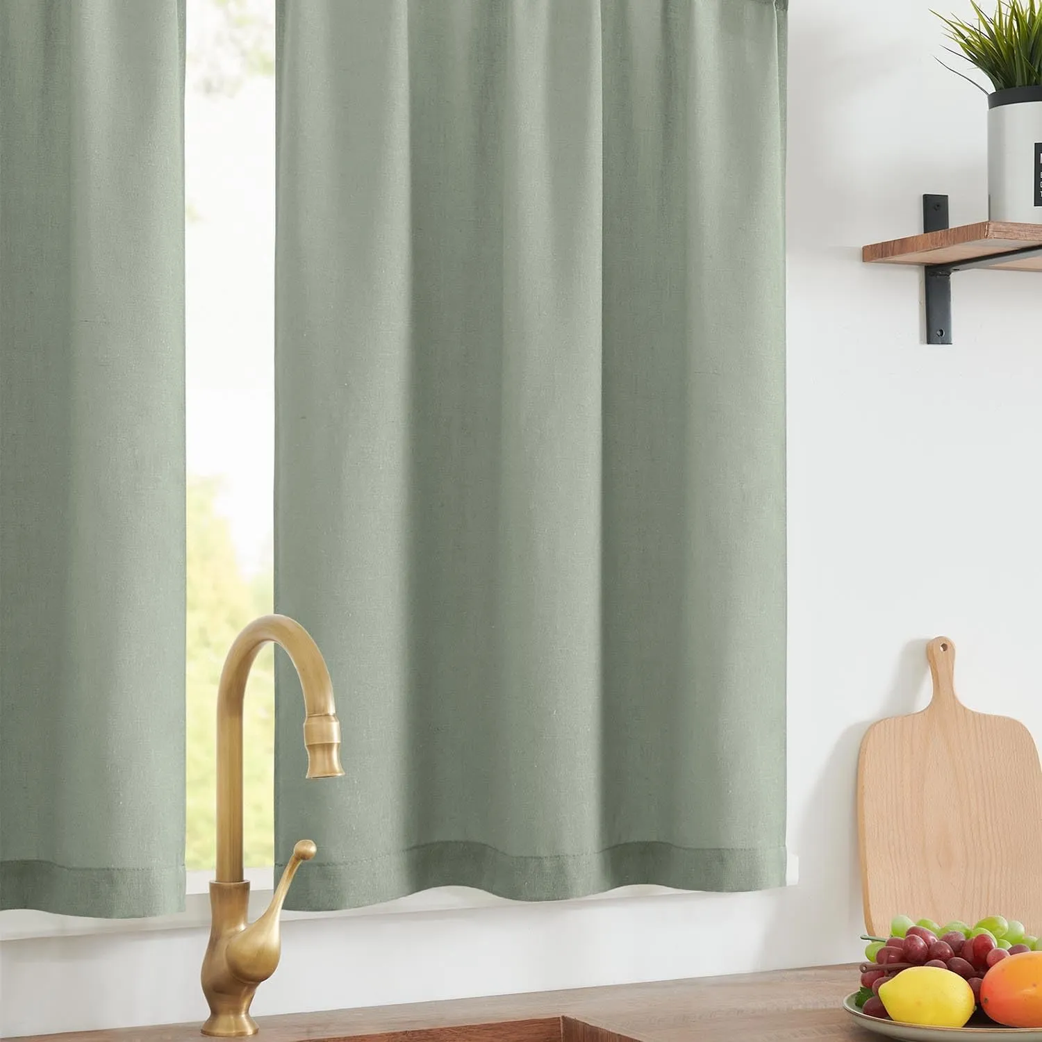 jinchan Linen Textured Tier Curtains 24 Inch for Kitchen Windows Farmhouse Cafe Curtains Small Drapes Rustic Light Filtering Half Window for Living Room Laundry Rod Pocket 2 Panels Green