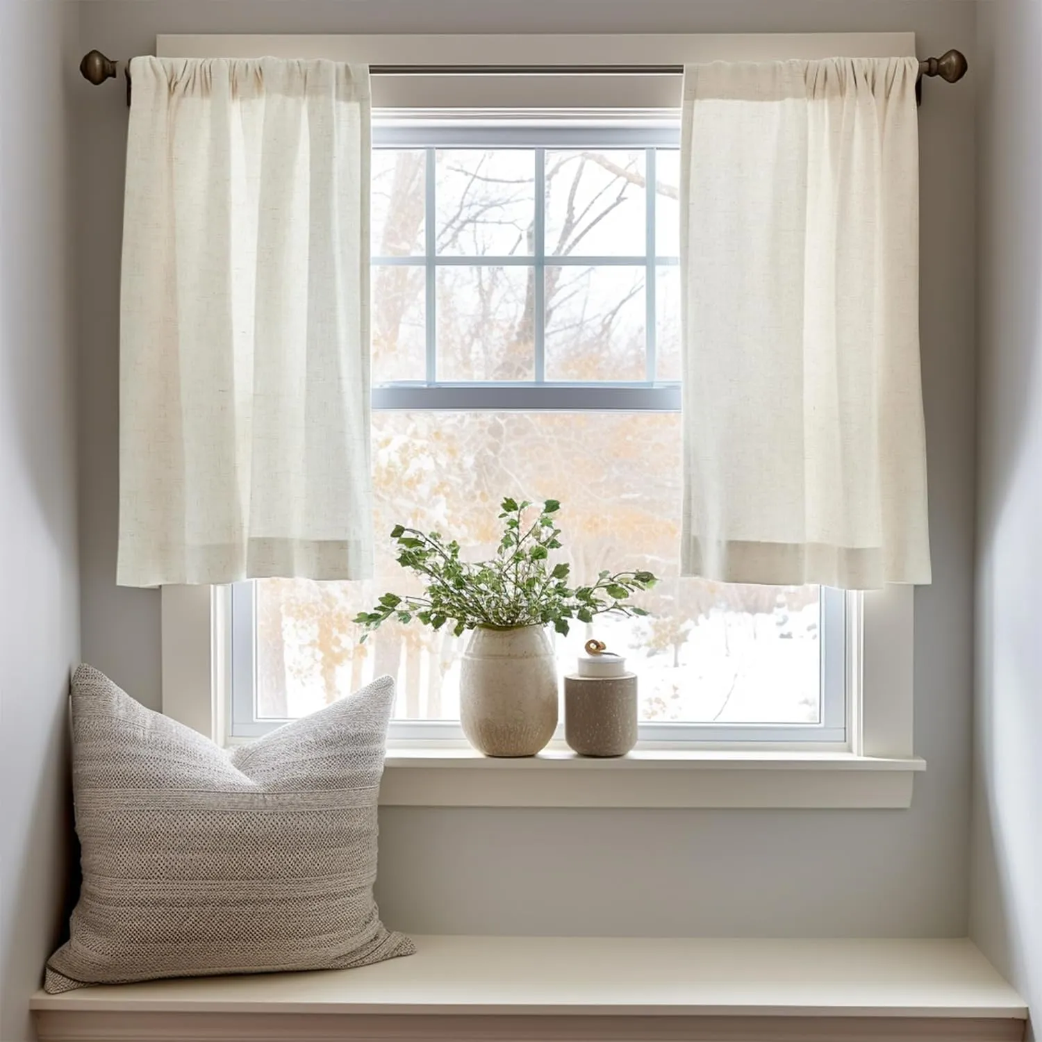 jinchan Linen Textured Tier Curtains 36 Inch for Kitchen Windows Farmhouse Cafe Curtains Small Drapes Rustic Light Filtering Half Window for Living Room Laundry Rod Pocket 2 Panels Natural Crude