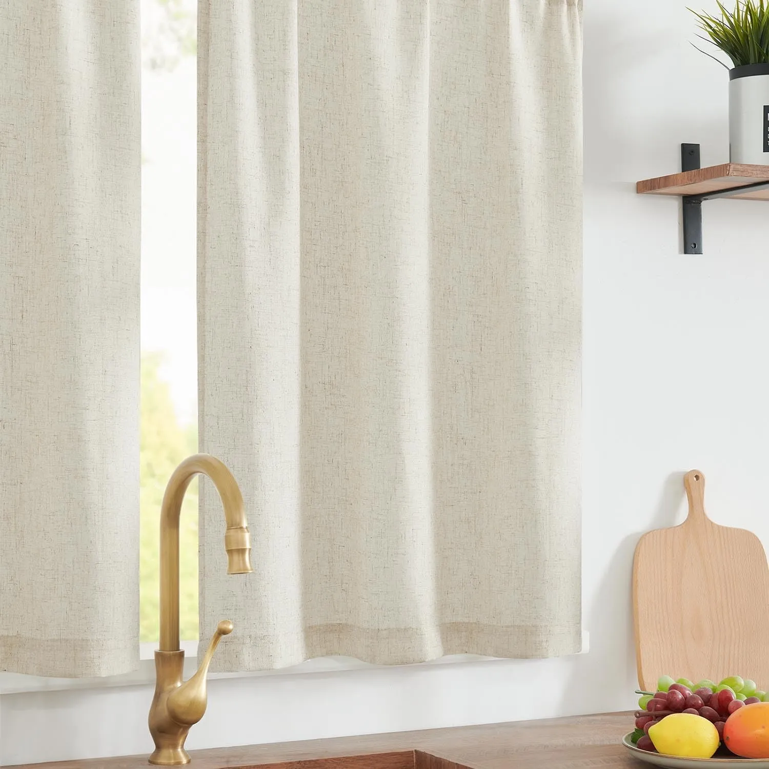 jinchan Linen Textured Tier Curtains 36 Inch for Kitchen Windows Farmhouse Cafe Curtains Small Drapes Rustic Light Filtering Half Window for Living Room Laundry Rod Pocket 2 Panels Natural Crude