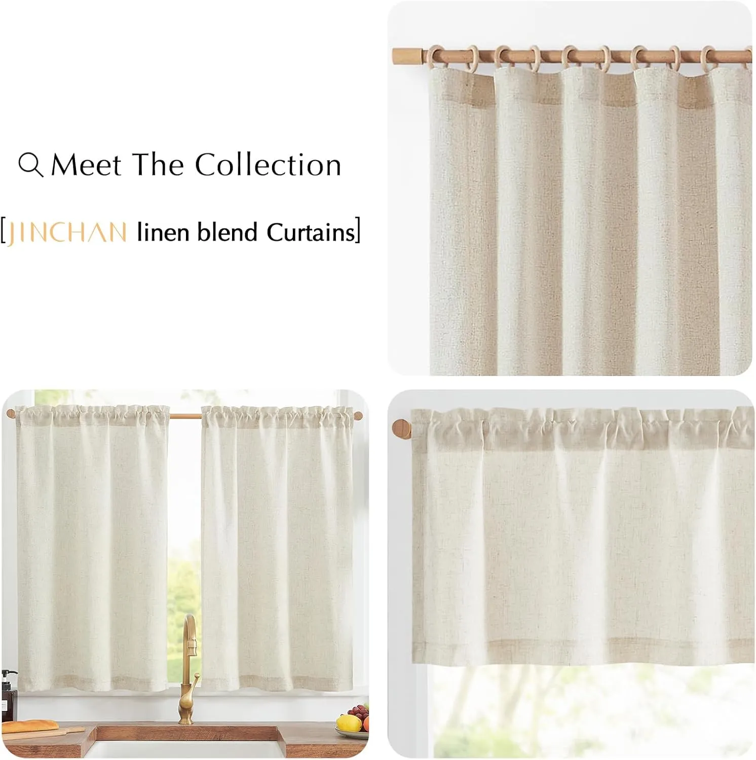 jinchan Linen Textured Tier Curtains 36 Inch for Kitchen Windows Farmhouse Cafe Curtains Small Drapes Rustic Light Filtering Half Window for Living Room Laundry Rod Pocket 2 Panels Natural Crude