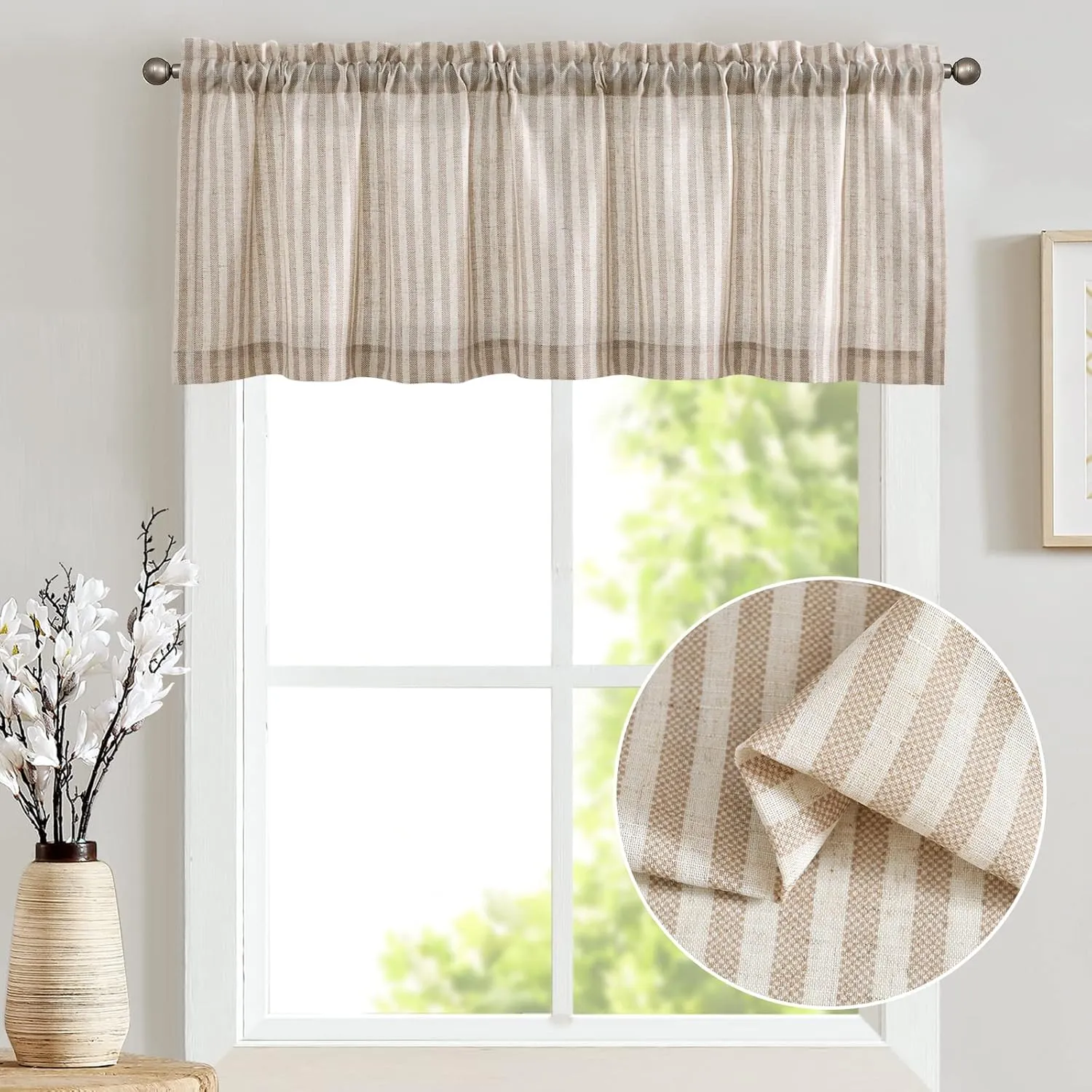 jinchan Valance Curtain Linen Textured Striped Window Curtain for Living Room Light Filtering Ticking Stripe Farmhouse Valance for Kitchen Rod Pocket 1 Panel 16 Inch Tan on Beige 1 Panel