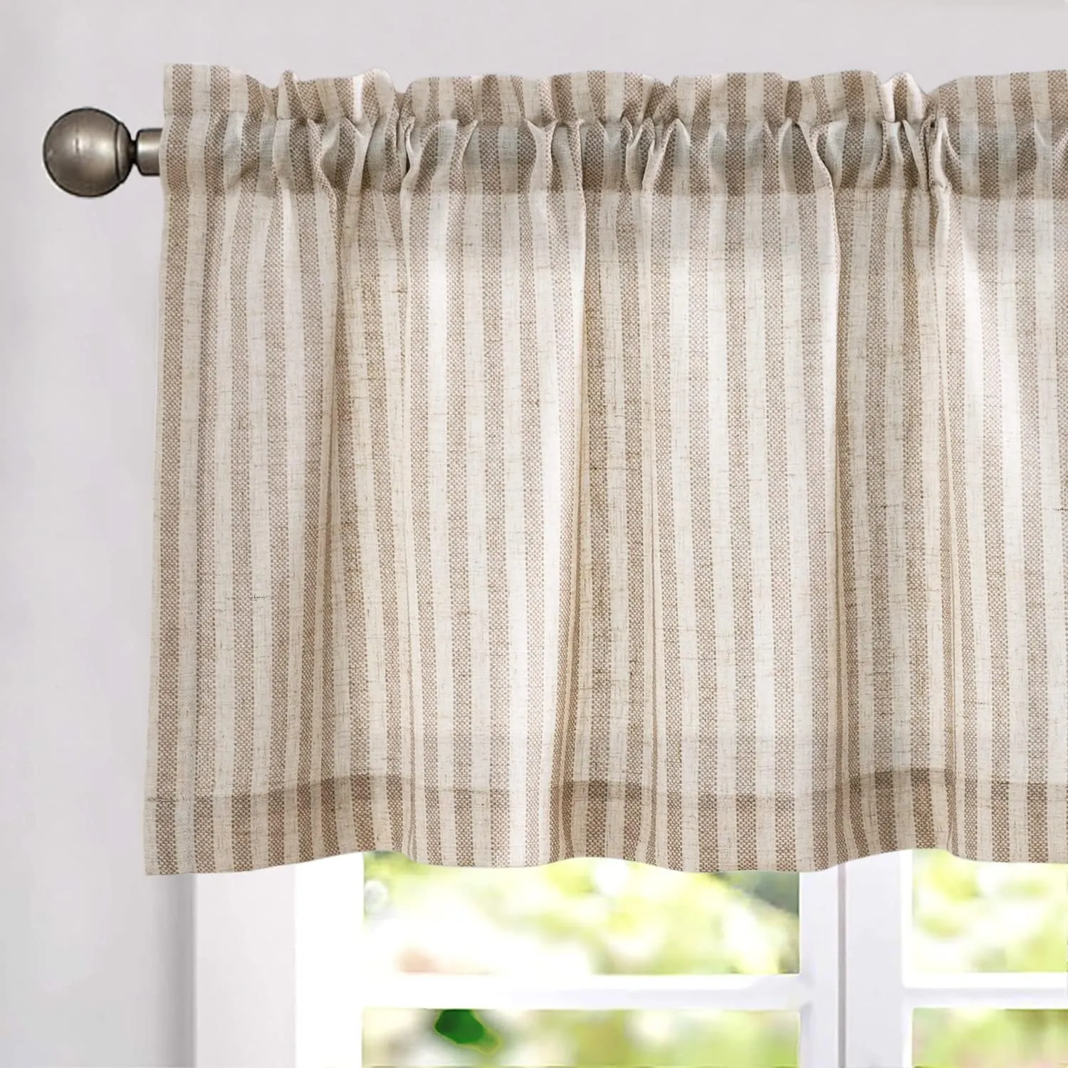 jinchan Valance Curtain Linen Textured Striped Window Curtain for Living Room Light Filtering Ticking Stripe Farmhouse Valance for Kitchen Rod Pocket 1 Panel 16 Inch Tan on Beige 1 Panel