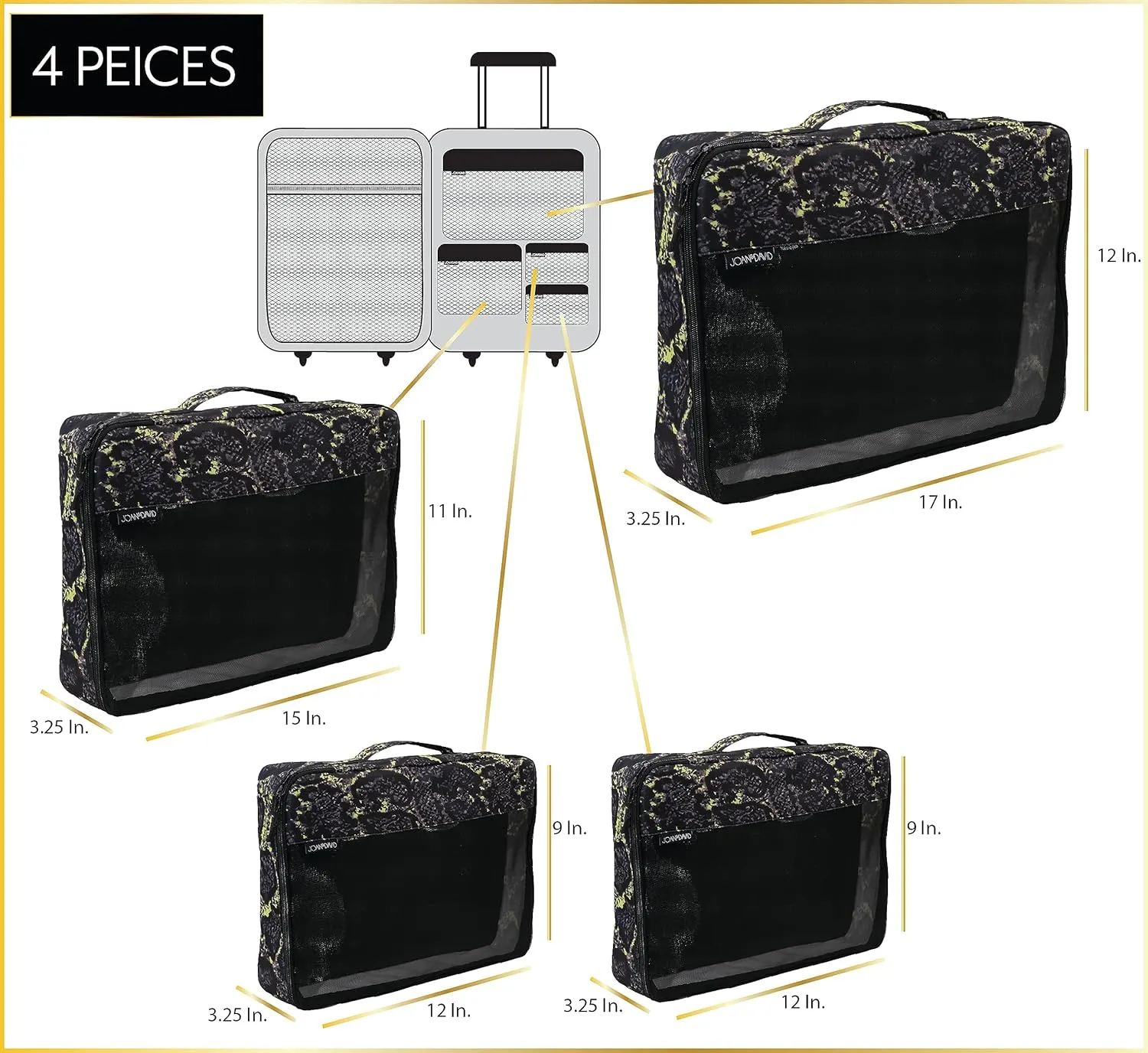 Joan & David 4 Piece Travel Printed Packing Cubes Set With 2 Travel Bottles (JDP2326-210-BKM)