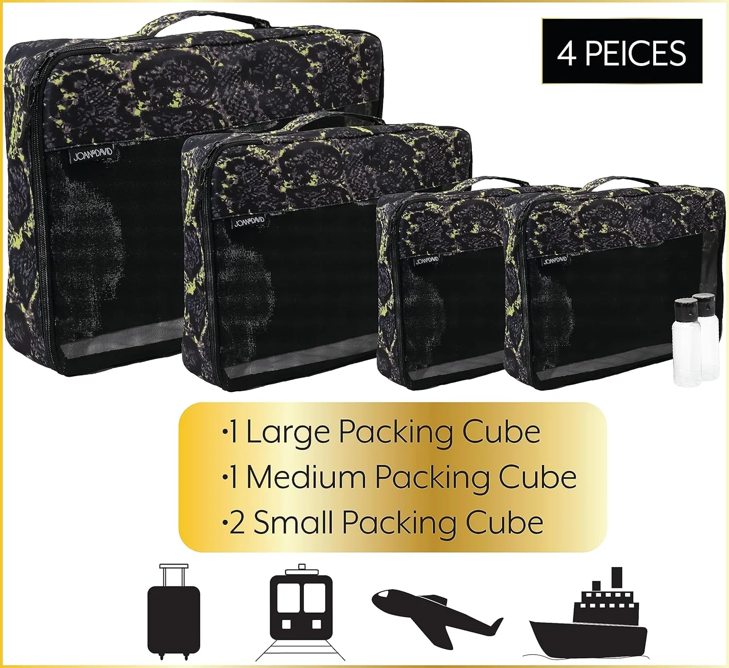 Joan & David 4 Piece Travel Printed Packing Cubes Set With 2 Travel Bottles (JDP2326-210-BKM)