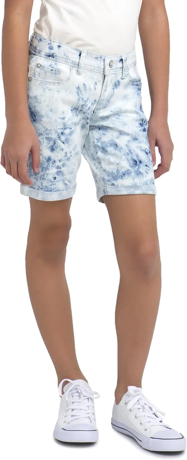 Jordache Girls' Tie-Dye Wash Bermuda Denim Short with Adjustable Waist (Tye-Dye Blue Gray, Size 5)