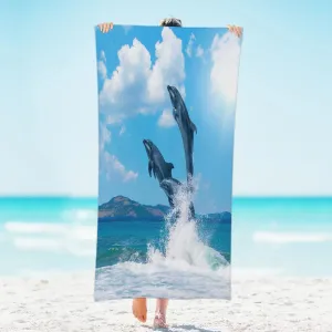 Jumping Dolphin Beach Towel for Women Men Kids 61"x31" Lightweight Microfiber Beach Towels Sand Free Quick Dry Soft Beach Blanket Pool Yoga Gym Travel Swimming Bath Shower Towel Essentials Accessories