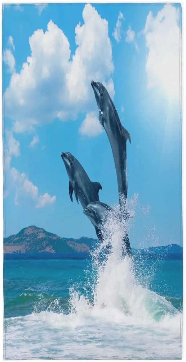 Jumping Dolphin Beach Towel for Women Men Kids 61"x31" Lightweight Microfiber Beach Towels Sand Free Quick Dry Soft Beach Blanket Pool Yoga Gym Travel Swimming Bath Shower Towel Essentials Accessories