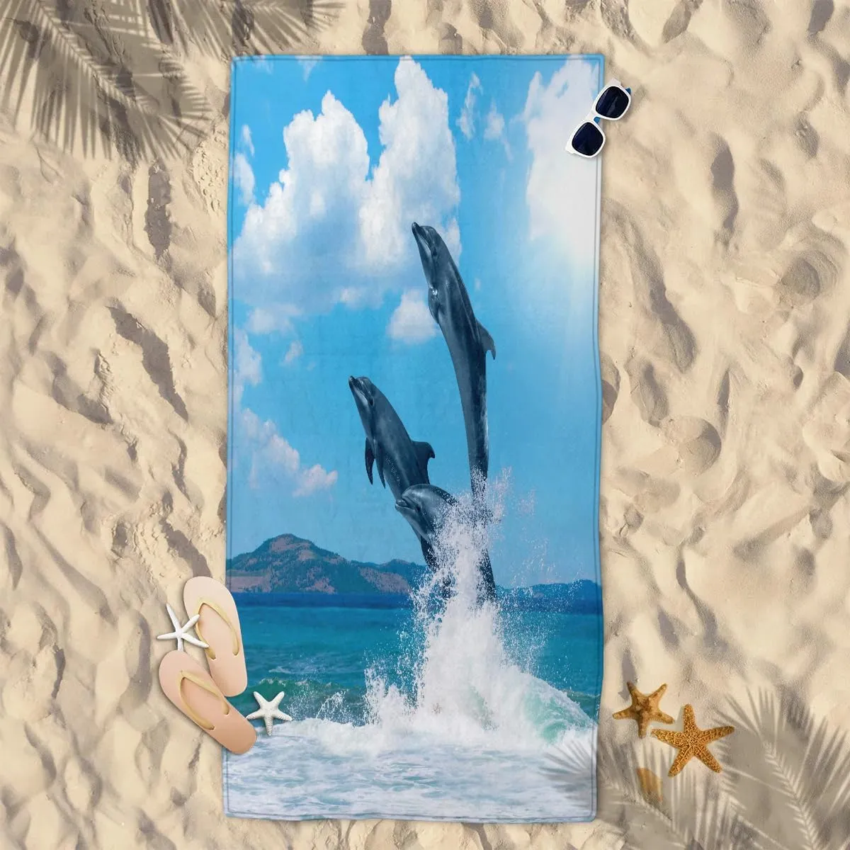 Jumping Dolphin Beach Towel for Women Men Kids 61"x31" Lightweight Microfiber Beach Towels Sand Free Quick Dry Soft Beach Blanket Pool Yoga Gym Travel Swimming Bath Shower Towel Essentials Accessories