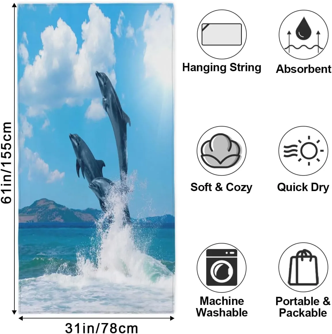 Jumping Dolphin Beach Towel for Women Men Kids 61"x31" Lightweight Microfiber Beach Towels Sand Free Quick Dry Soft Beach Blanket Pool Yoga Gym Travel Swimming Bath Shower Towel Essentials Accessories