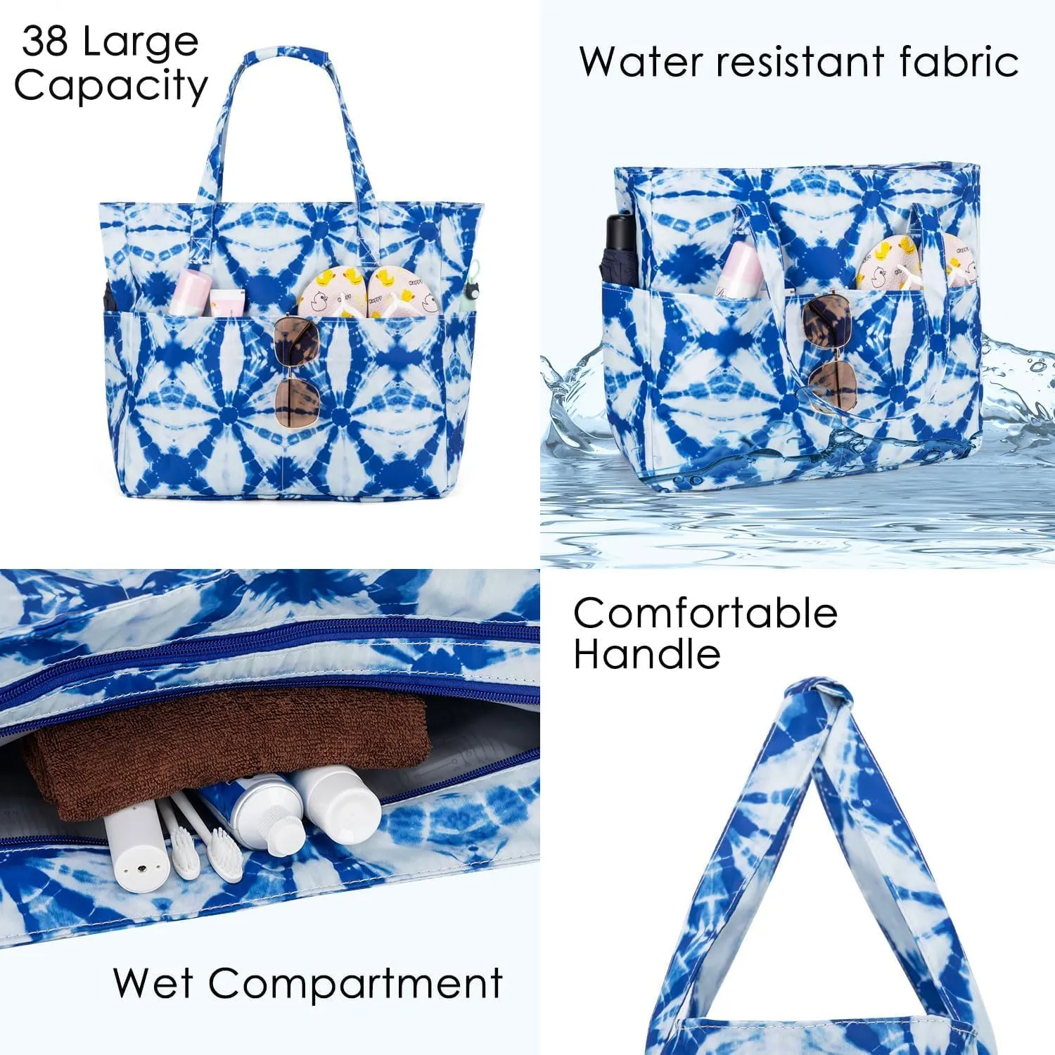 KABAQOO Extra Large Beach Bag Waterproof Sandproof Women Beach Tote with Zipper & Wet Compartment for Pool Gym Grocery Travel