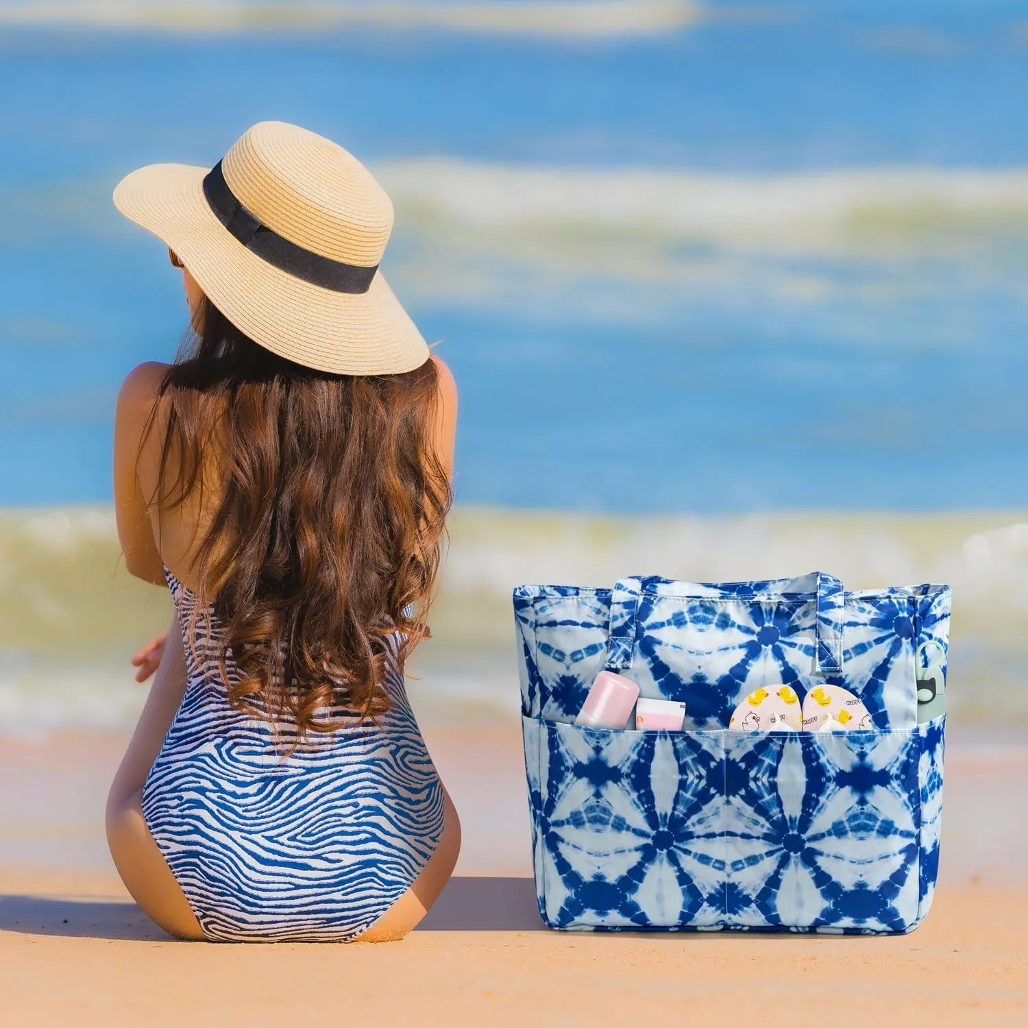 KABAQOO Extra Large Beach Bag Waterproof Sandproof Women Beach Tote with Zipper & Wet Compartment for Pool Gym Grocery Travel